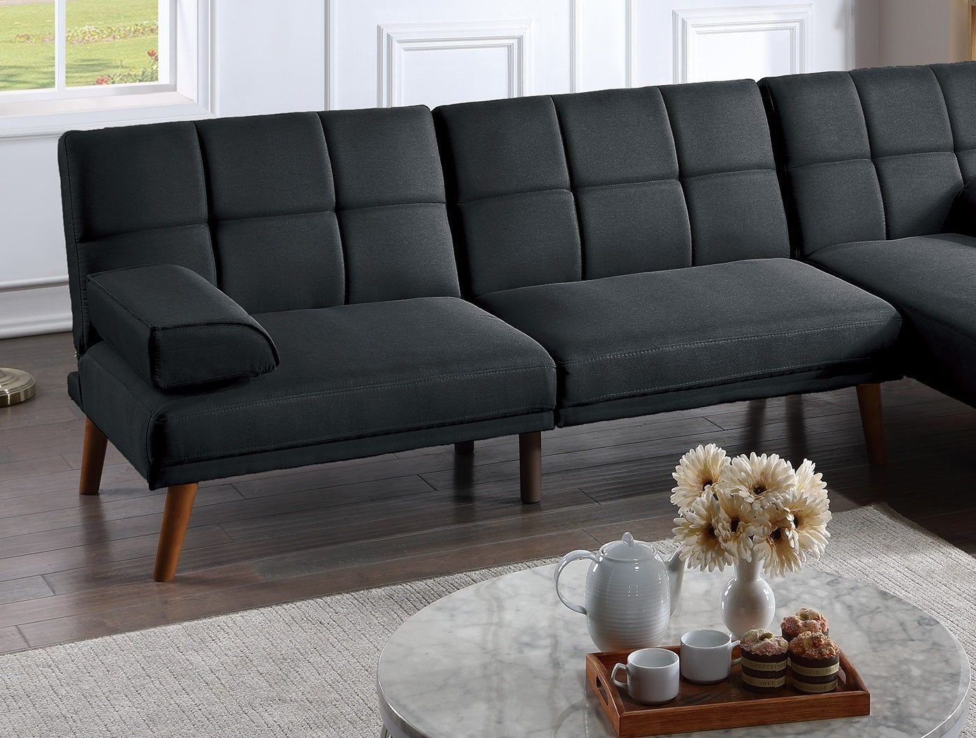 Contemporary Black Polyfiber 2pc Sectional Sofa Set with Adjustable Chaise