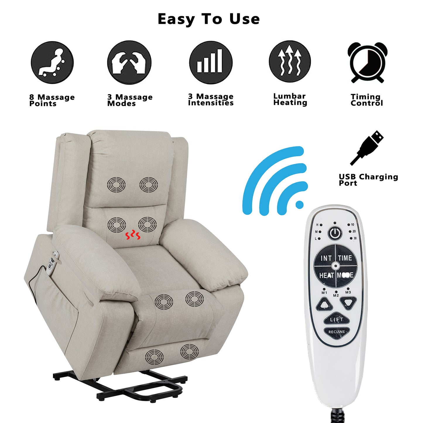 Electric Power Recliner Chair with Multi-Function Massage and Remote Control - Beige - Enhanced Comfort and Mobility Support