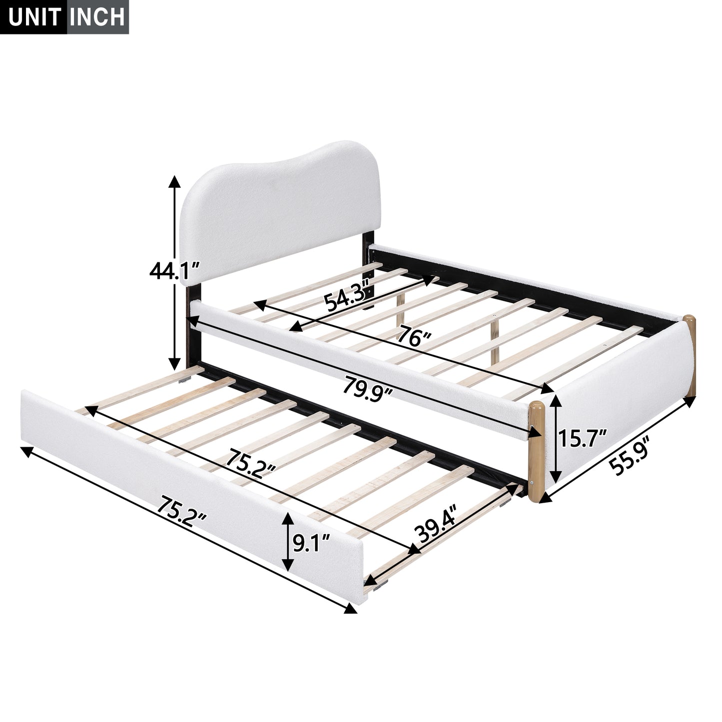 Full Size Upholstered Platform Bed with Wood Supporting Feet and Twin Size Trundle, White