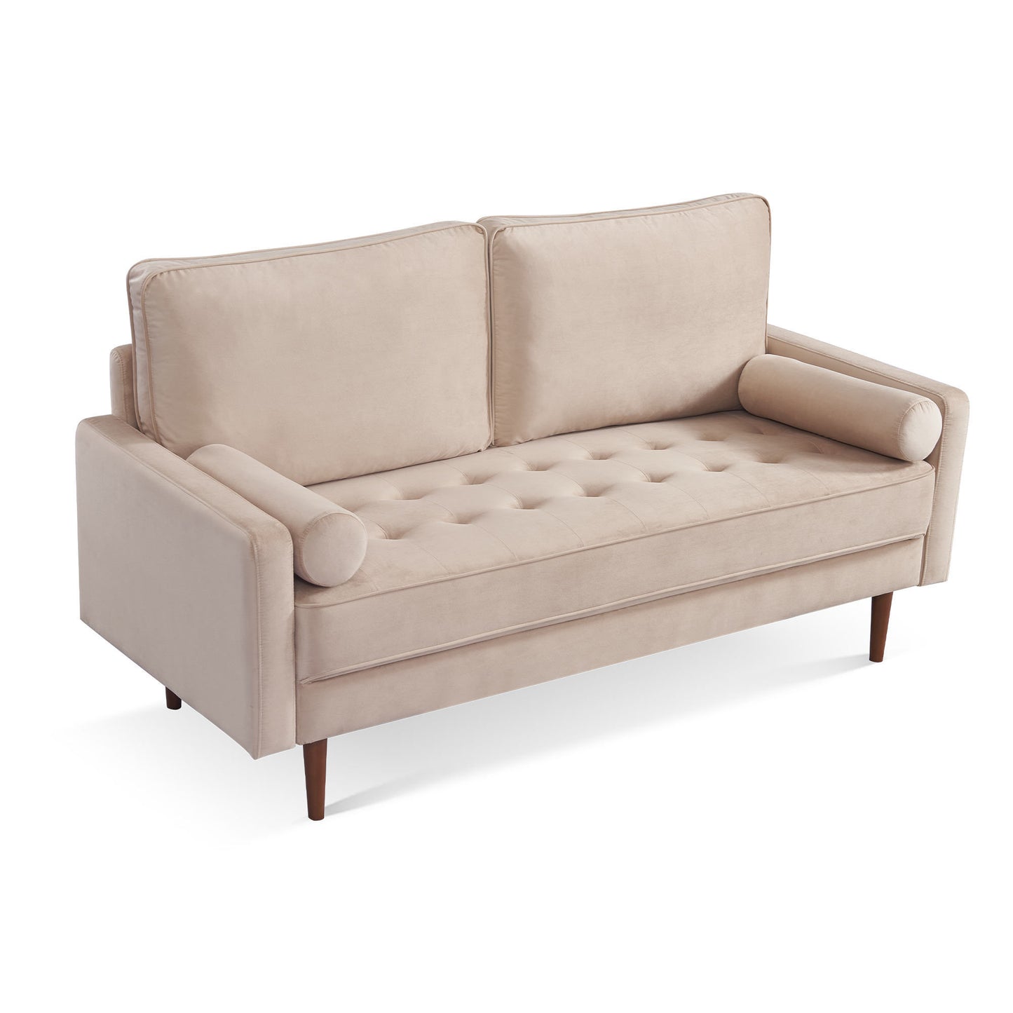 69” Beige Velvet Upholstered Loveseat with Bolster Pillows