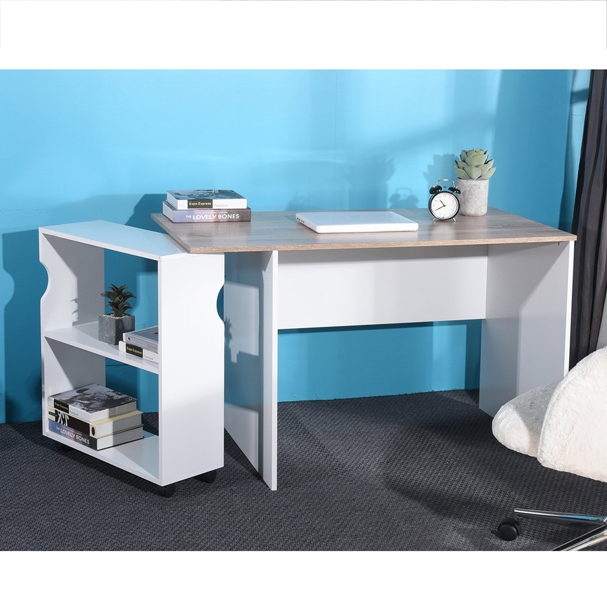 Oak & White Modern Computer Desk with Removable Bookcase - 47.4 L