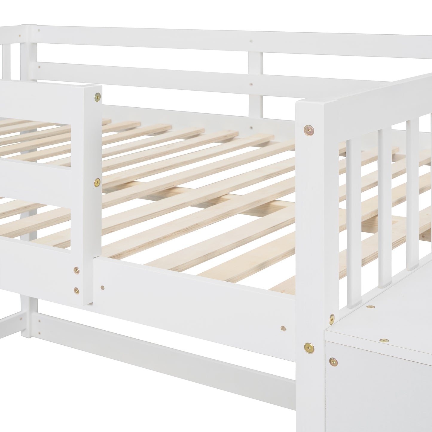 White Full over Full Bunk Bed with Storage, Shelves, and Drawers