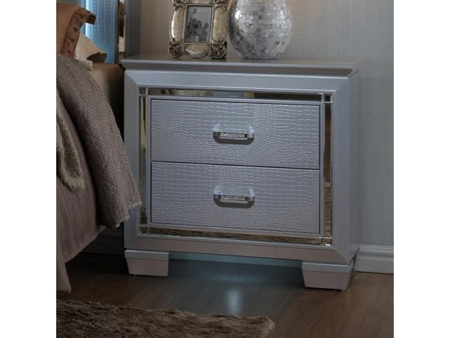 1pc Modern & Glam Style Two Drawers Nightstand Solid Wood Built-in Night Light Silver Crocodile Finish