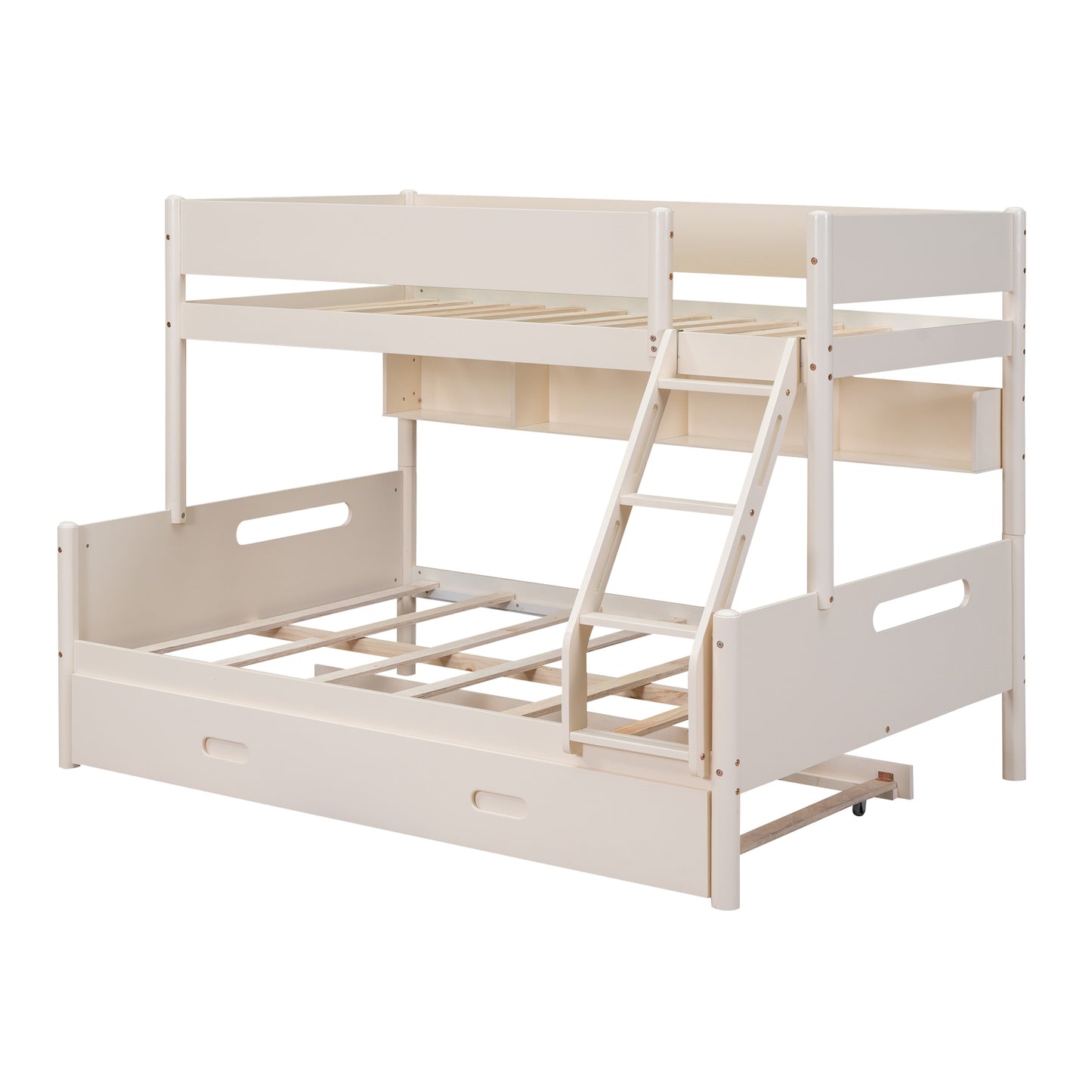 Cream Bunk Bed with Storage Shelves, Twin Trundle, and Solid Pine Construction