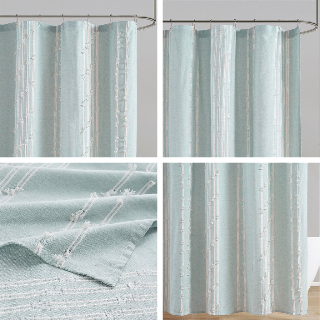 Stripe Jacquard Cotton Shower Curtain with Aqua Details