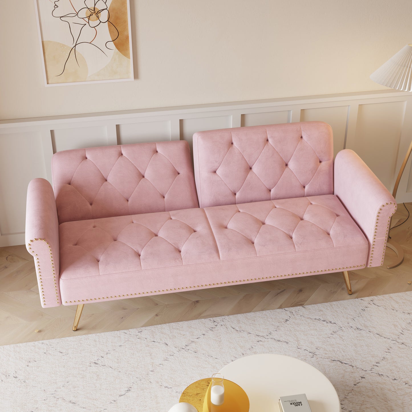 69.7 Elegant Pink Velvet Sofa Bed with Nail Head Accents and Throw Pillow