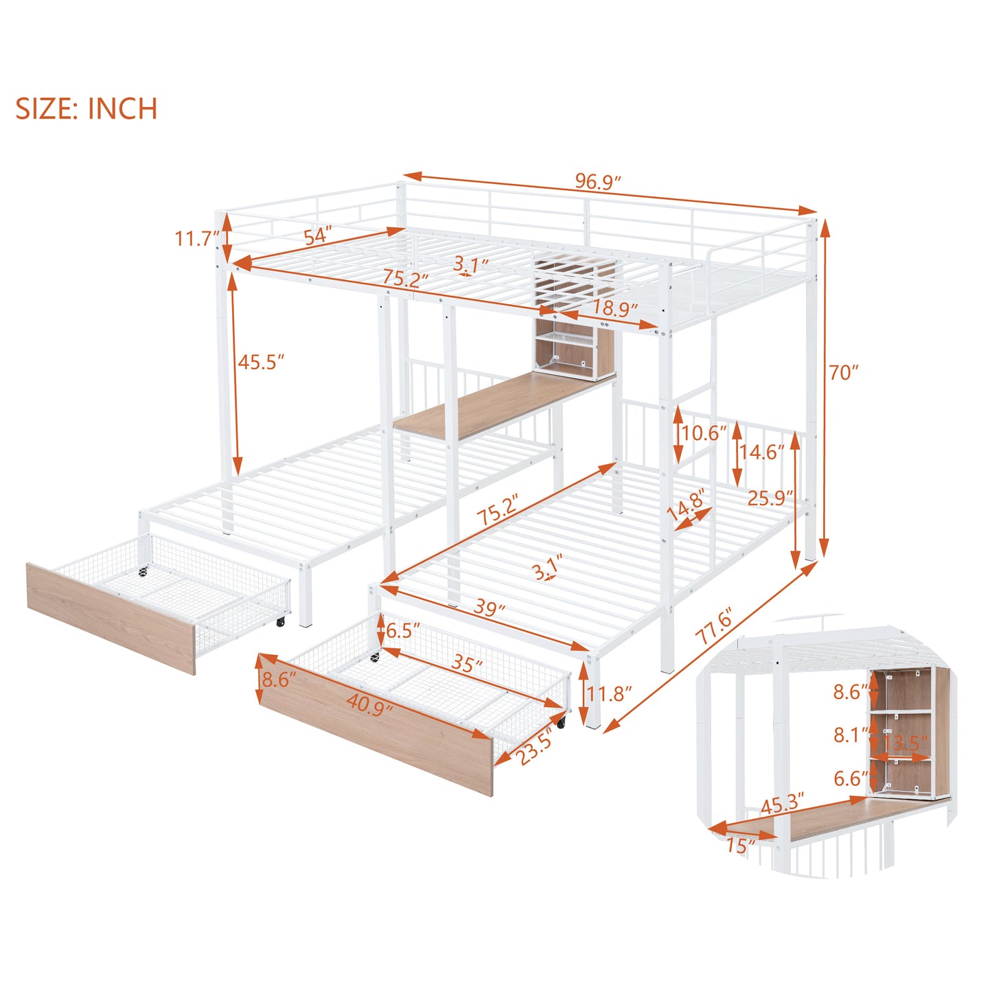 Triple Bunk Bed with White Metal Convertible Desk and Shelves