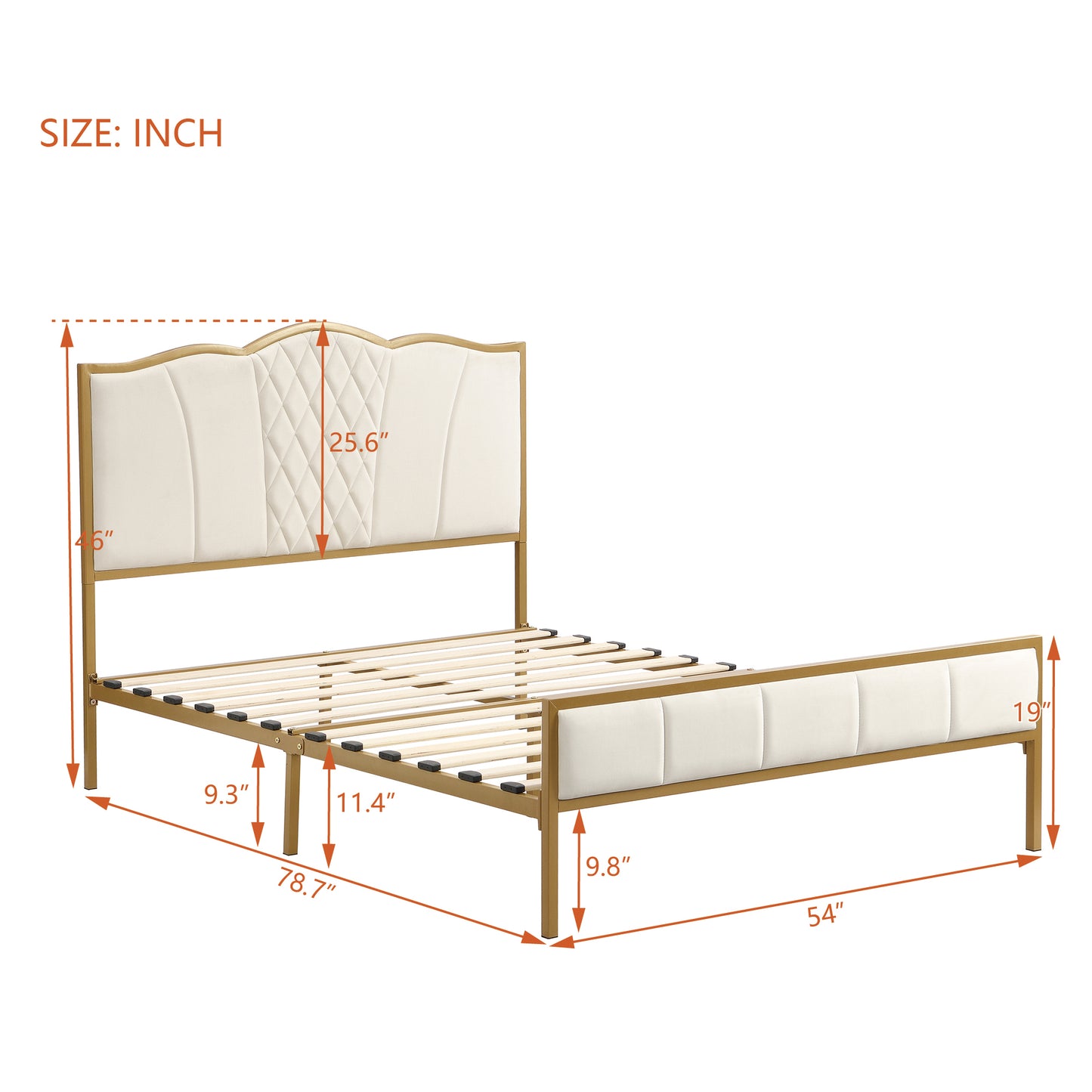 Full Size Bed Frame, Modern Upholstered Bed Frame with Tufted Headboard, Golden Metal Platform Bed Frame with Wood Slat Support, Noise Free, No Box Spring Needed,Beige