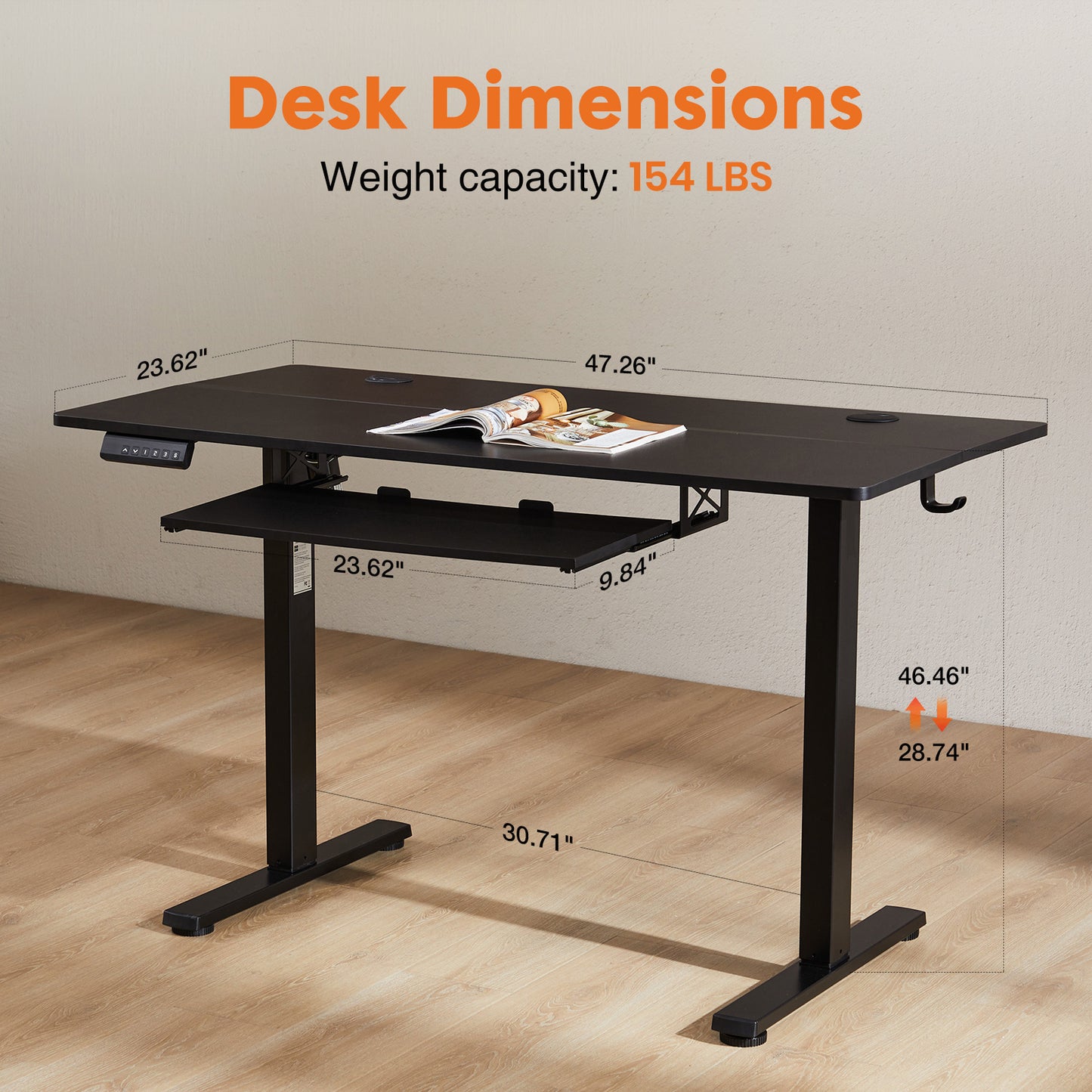 Adjustable Height Electric Standing Desk with Keyboard Tray, 48 x 24 Inches Black