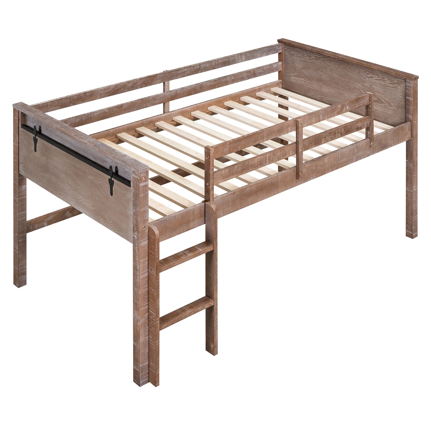 Wood Full Size Loft Bed with Hanging Clothes Racks, White Rustic Natural