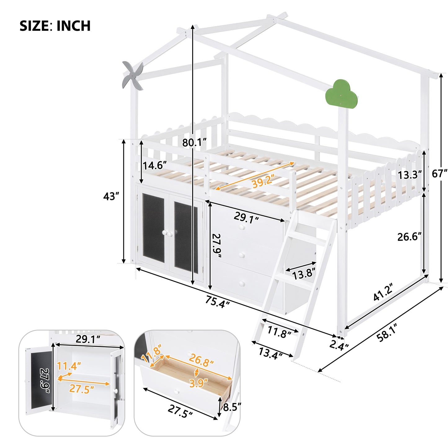 Twin Size House Bed With Cabinet and Drawers, White