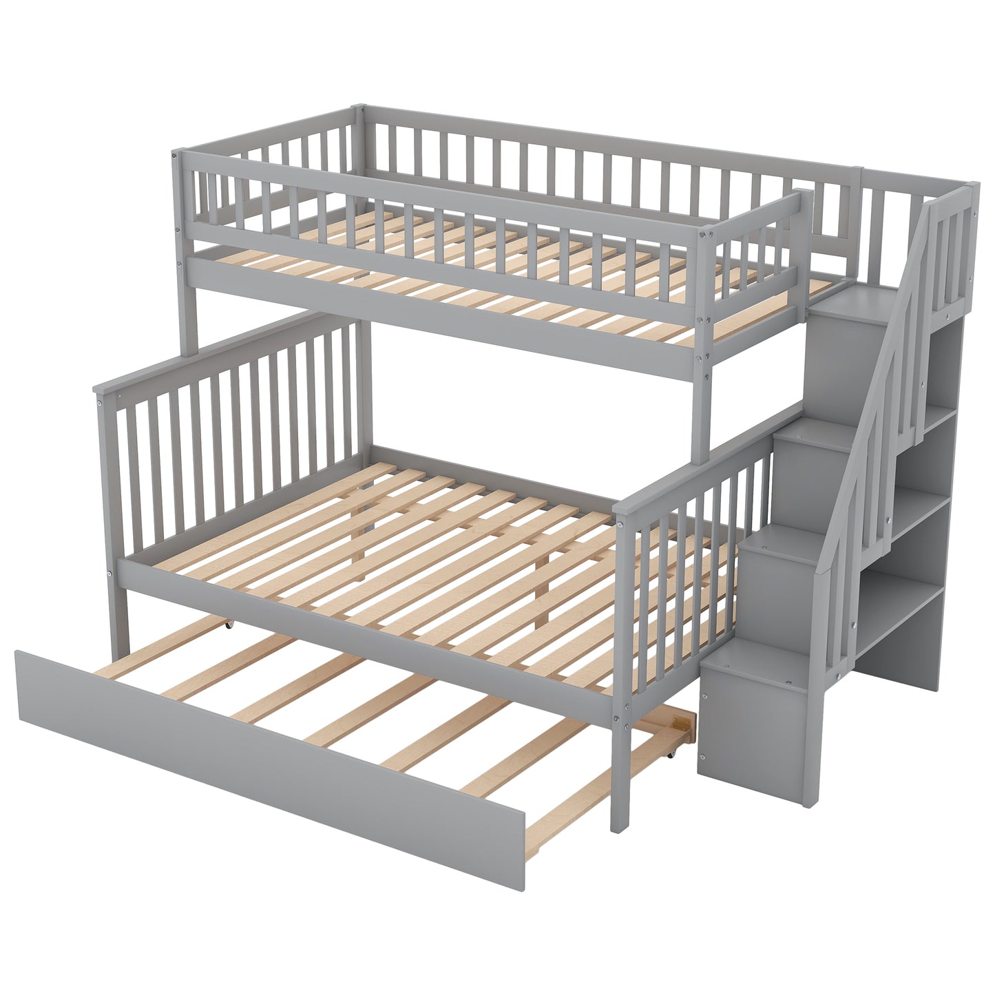 Gray Twin over Full Bunk Bed Set with Trundle, Staircase, and Storage