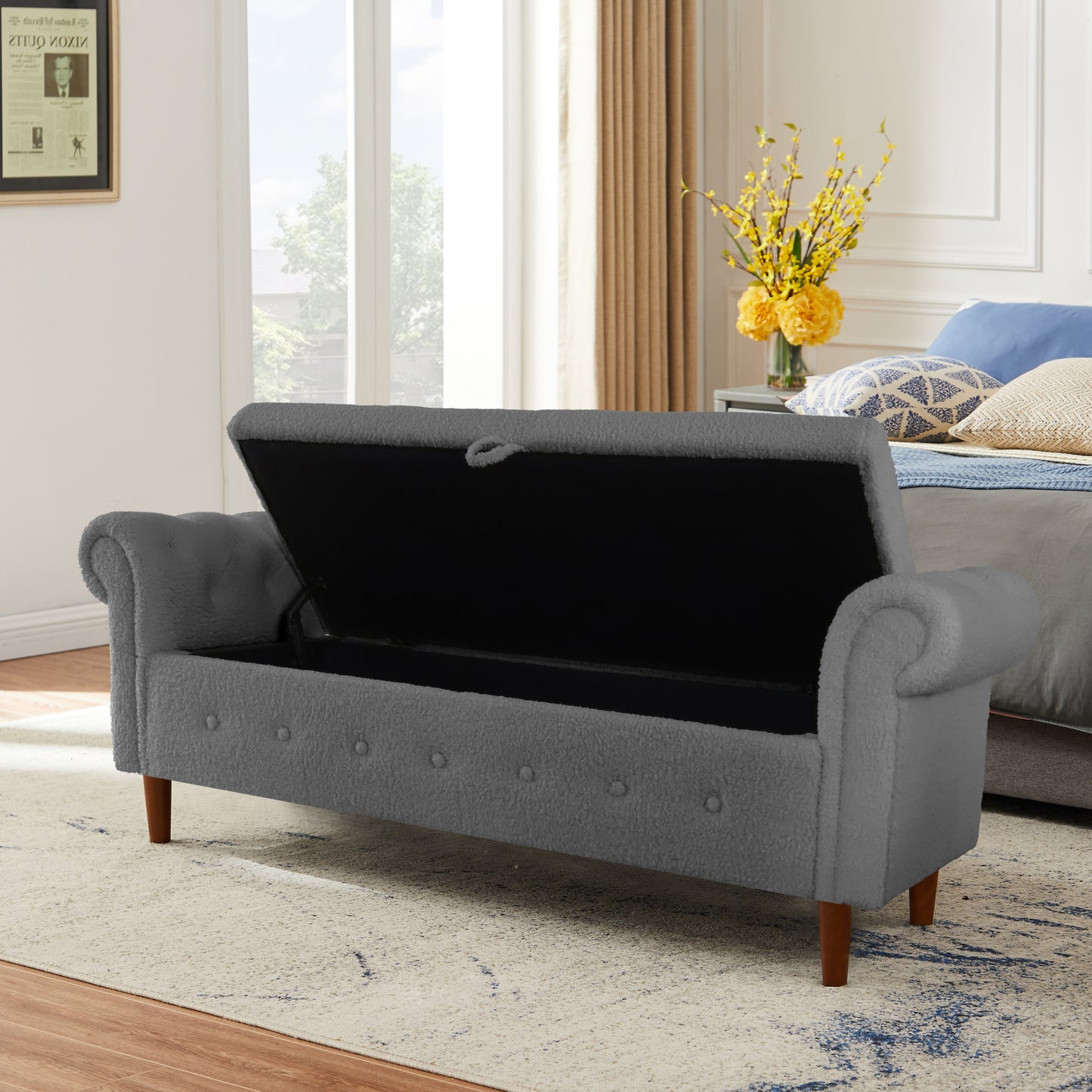 Grey Teddy Velvet Multifunctional Storage Rectangular Sofa Stool