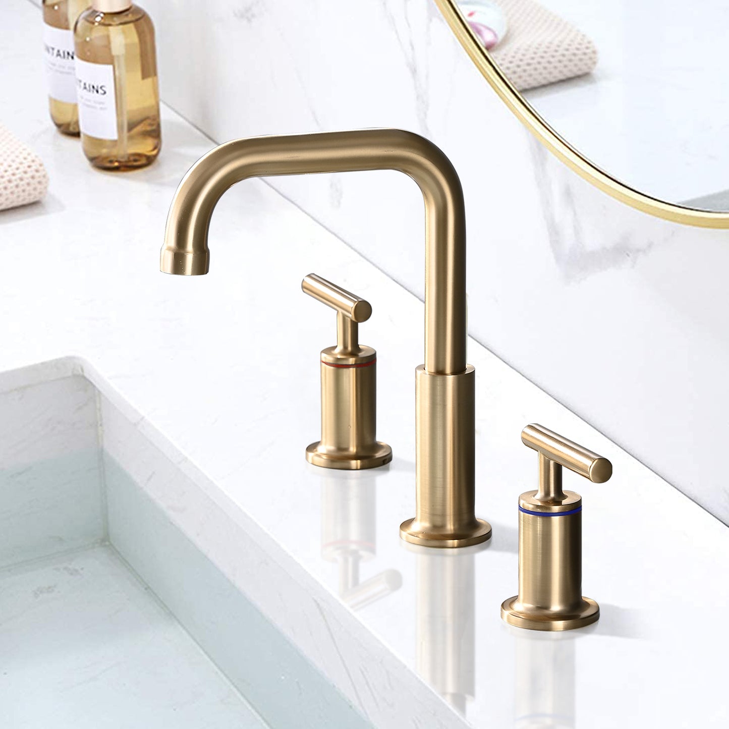 8-Inch Brushed Gold Widespread Double Handle Bathroom Faucet with Pop-Up Drain