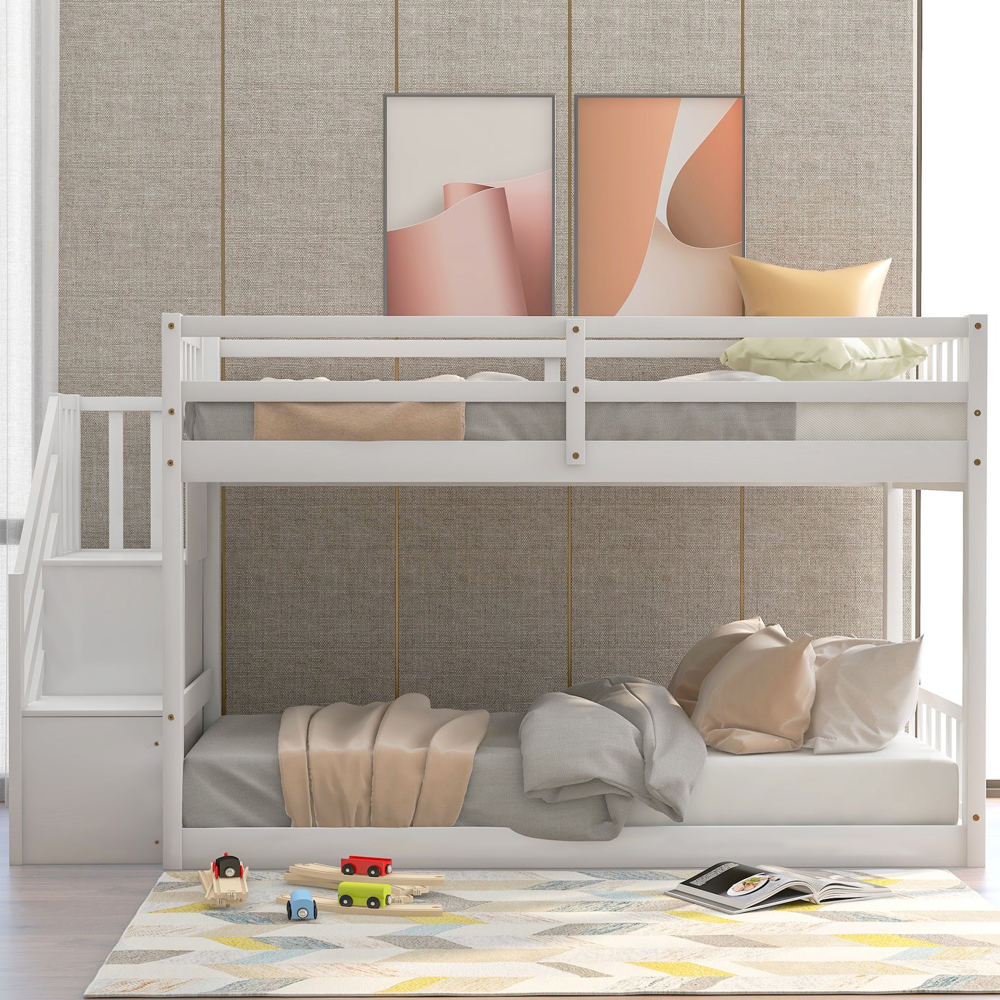 White Twin Floor Bunk Bed with Ladder and Storage