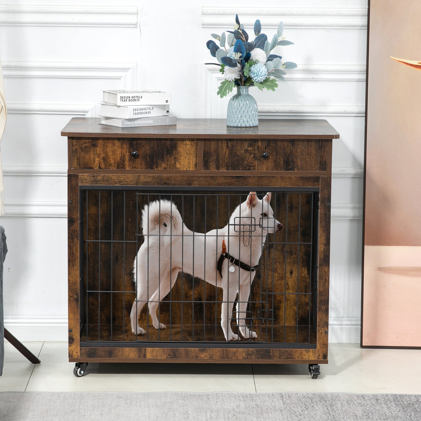 Dog Crate Furniture, Wooden Dog Crate End Table, 38.4 Inch Dog Kennel with 2 Drawers Storage, Heavy Duty Dog Crate, Decorative Pet Crate Dog Cage for Large Indoor Use (Rustic Brown) 38.4" L×23.2" W×35