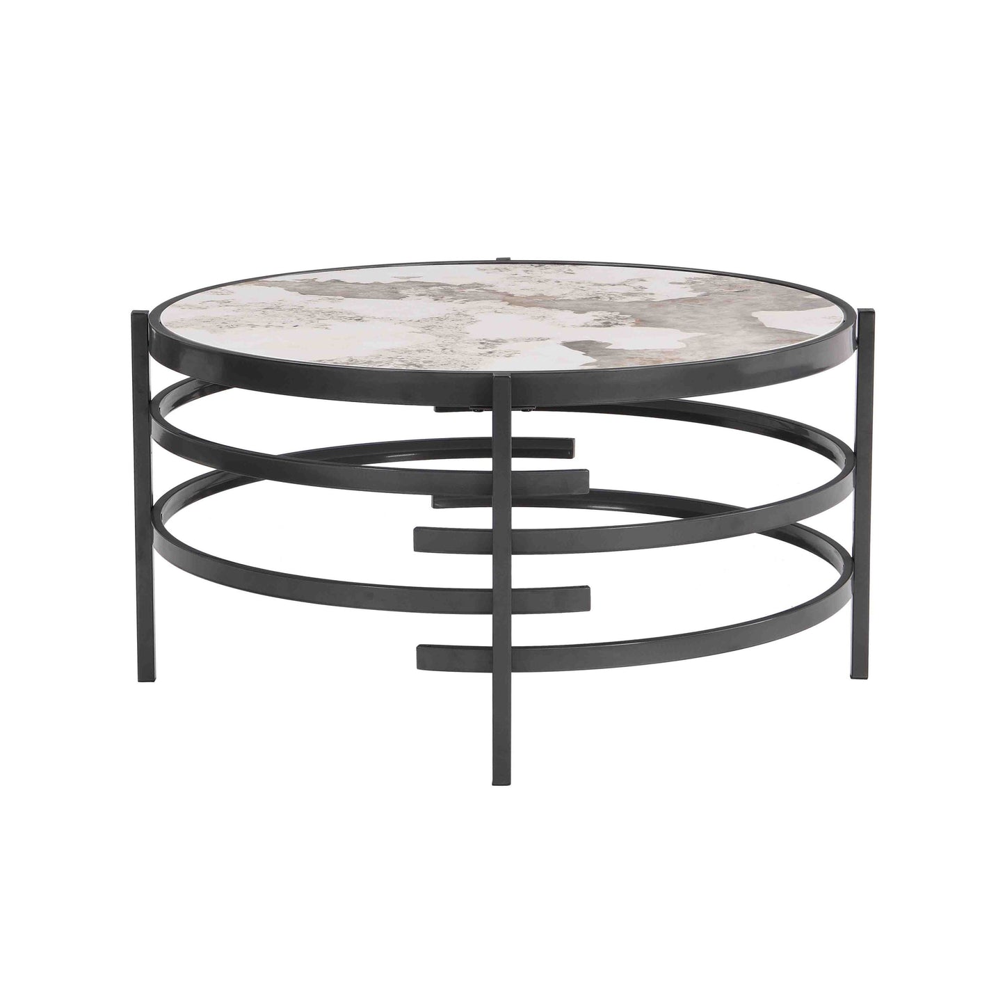 Modern Round Coffee Table with Sintered Stone Top and Robust Metal Frame, Stylish Living Room Centerpiece in Dark Gray