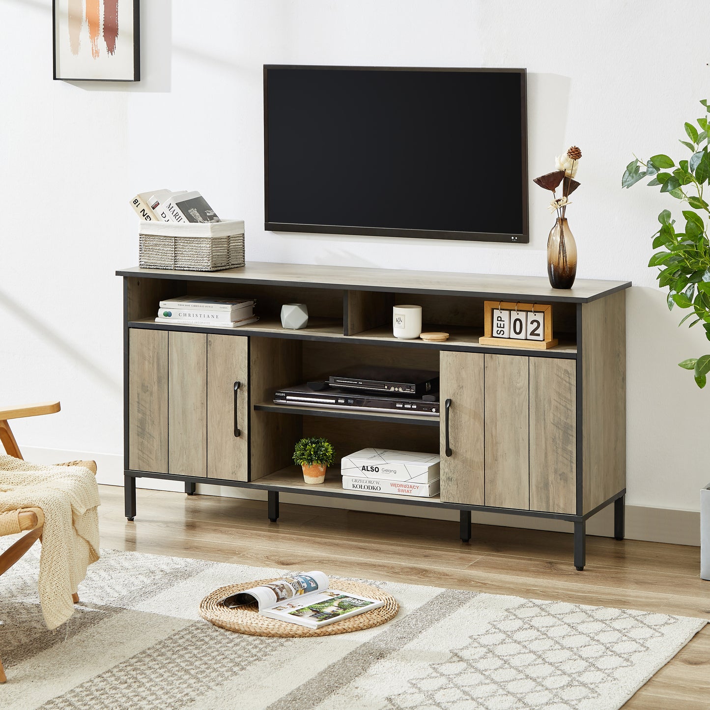 58-Inch Rustic Gray TV Stand and Media Entertainment Center Console with Ample Storage and Adjustable Dividers