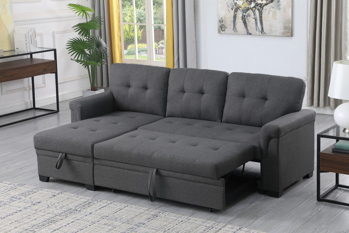 Lucca Dark Gray Linen Sectional Sofa with Reversible Sleeper Chaise and Storage