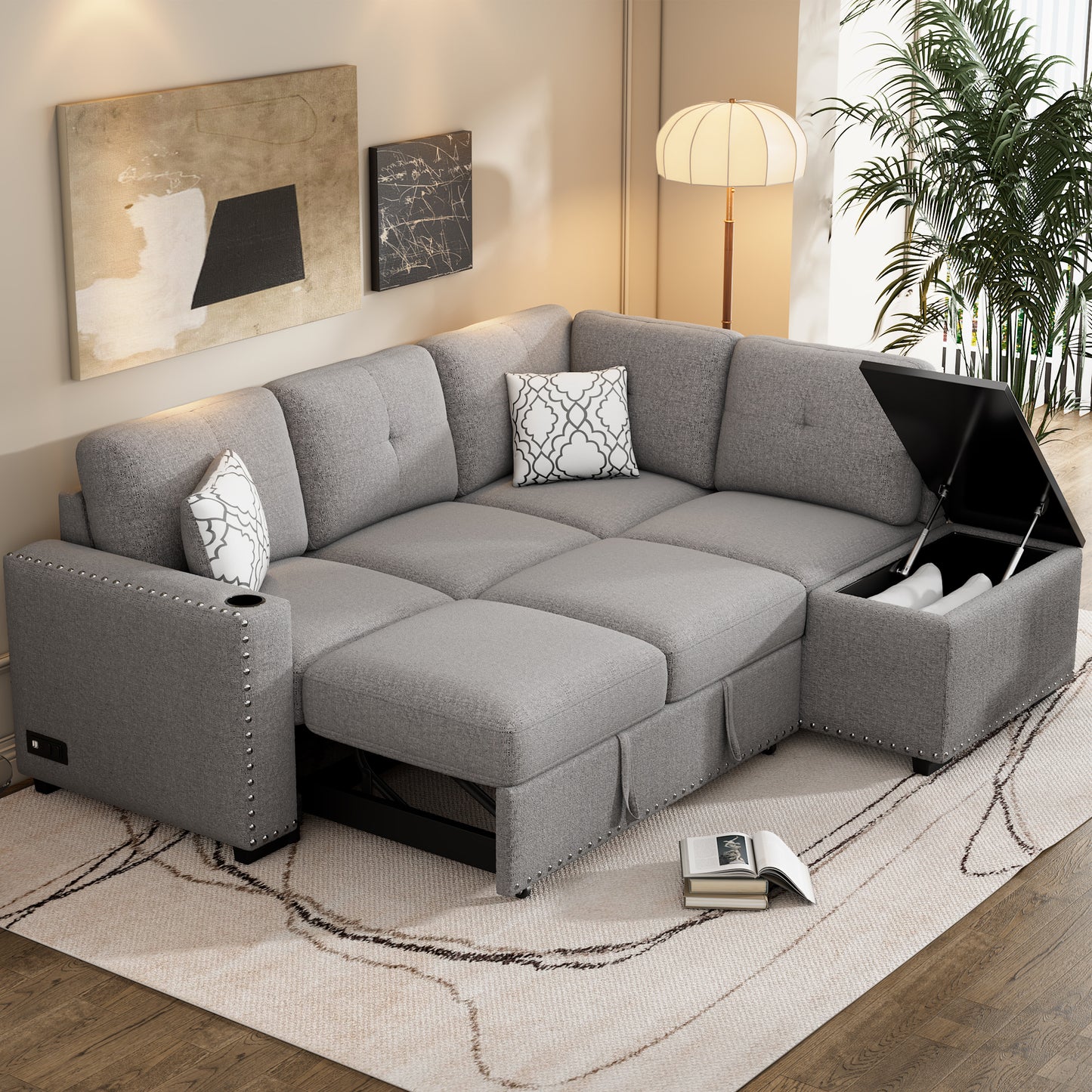 Convertible L-Shaped Sectional Sleeper Sofa with Storage Chaise and Charging Ports in Light Gray