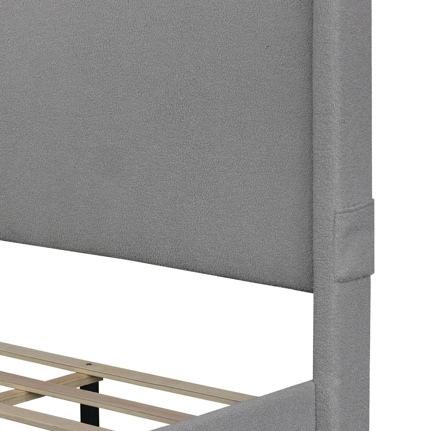 GRAY TEDDY FABRIC FOOTBOARD STORAGE BIG DRAWER WINGBACK WITH POCKETS UPHOLSTERED BED NO BOX SPRING REQUIRED TWIN SIZE MODERN DESIGN