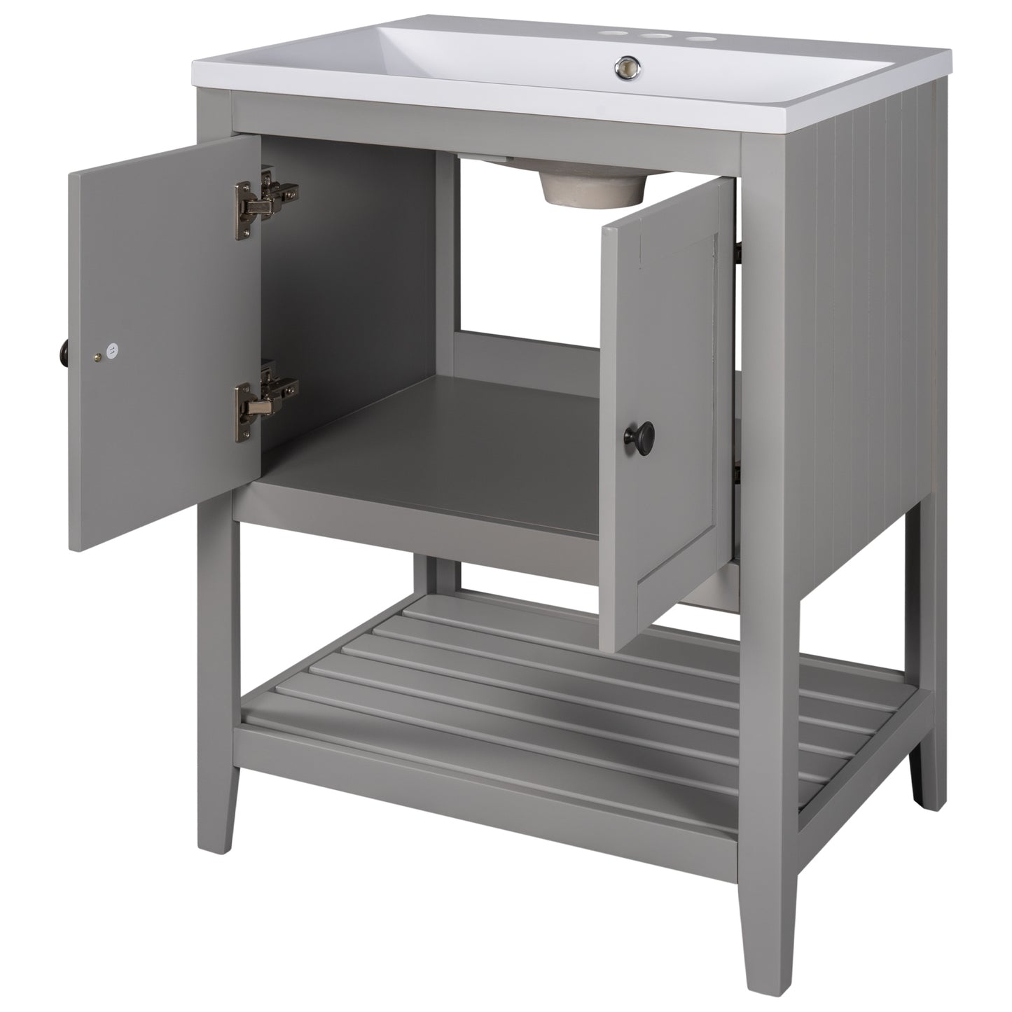 24" Grey Modern Sleek Bathroom Vanity Elegant Ceramic Sink with Solid Wood Frame Open Style Shelf