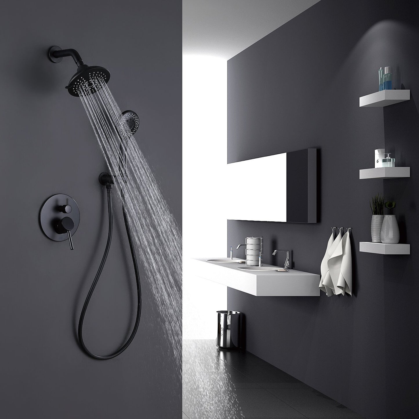 Matte Black Round Wall Mounted Rain Shower Faucet System with Hand Shower