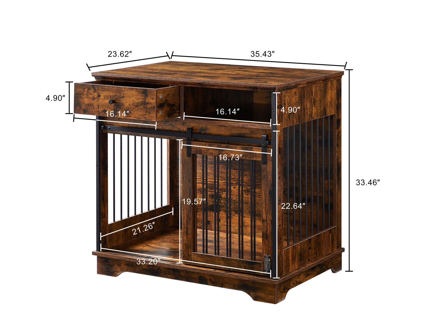 Sliding door dog crate with drawers. Rustic Brown, 35.43'' W x 23.62'' D x 33.46'' H