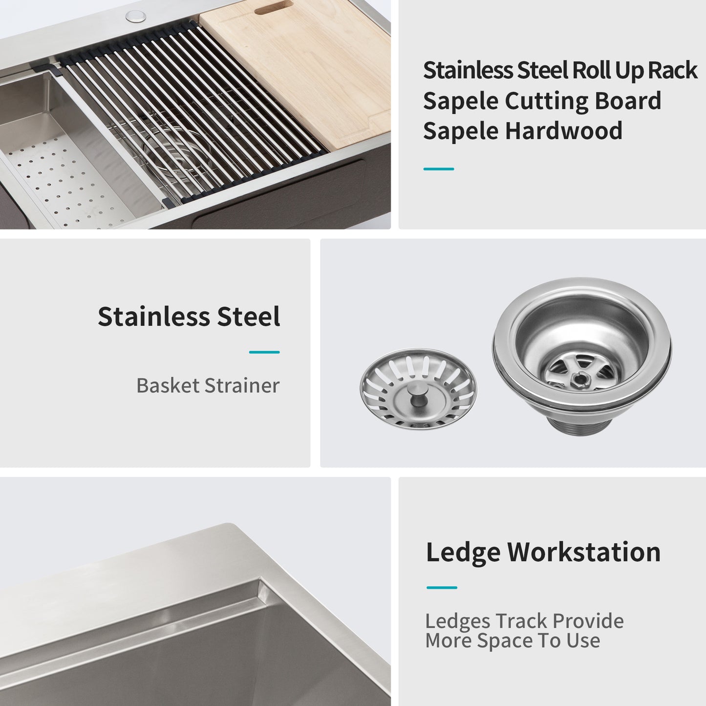 30-Inch Stainless Steel Drop In Kitchen Sink with Workstation Ledge