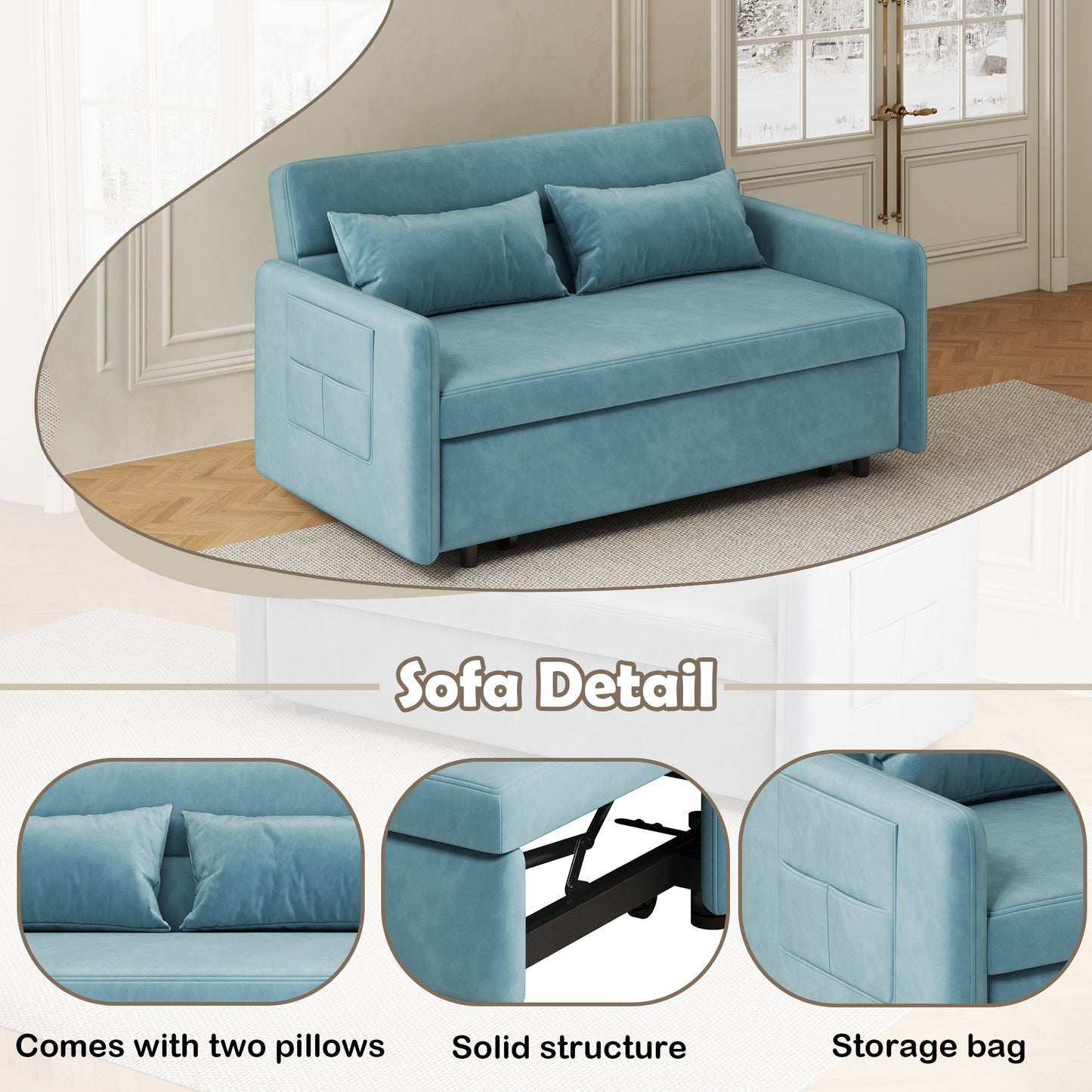 Sofa Pull Out Bed Included Two Pillows 54" Velvet Sofa for Small Spaces Teal