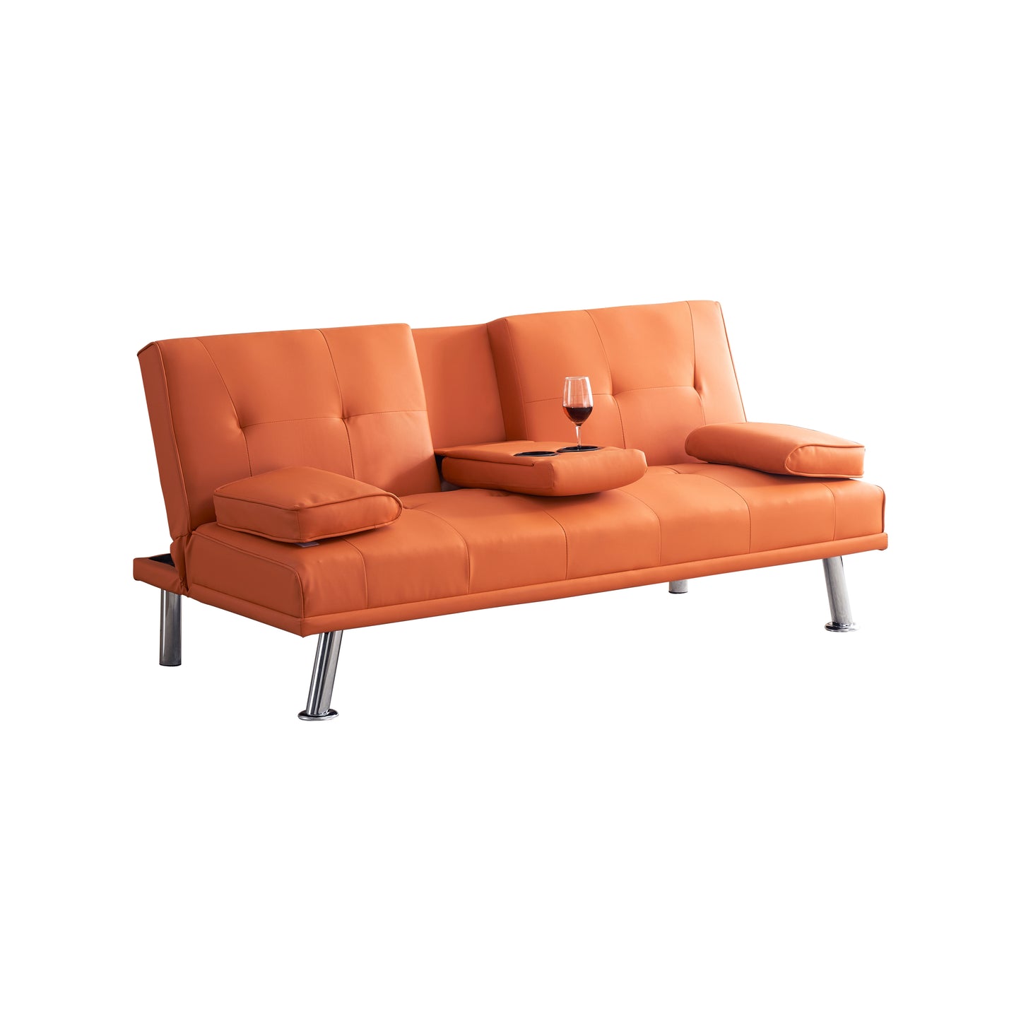 67 Orange Leather Multifunctional Double Folding Sofa Bed with Built-In Coffee Table