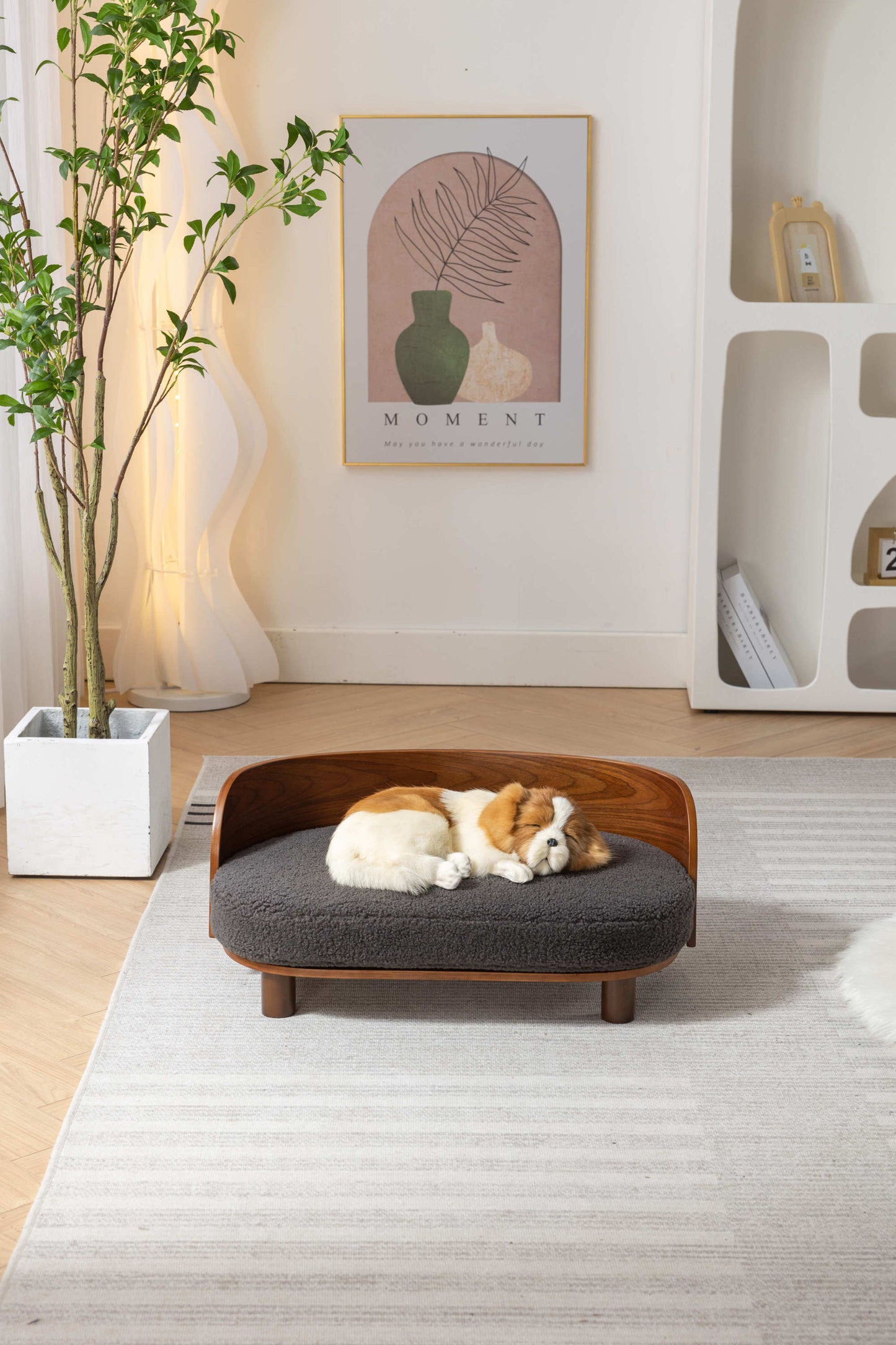 Scandinavian style Elevated Dog Bed Pet Sofa With Solid Wood legs and Bent Wood Back, cashmesh Cushion, Walnut wood, dark grey cashmere.