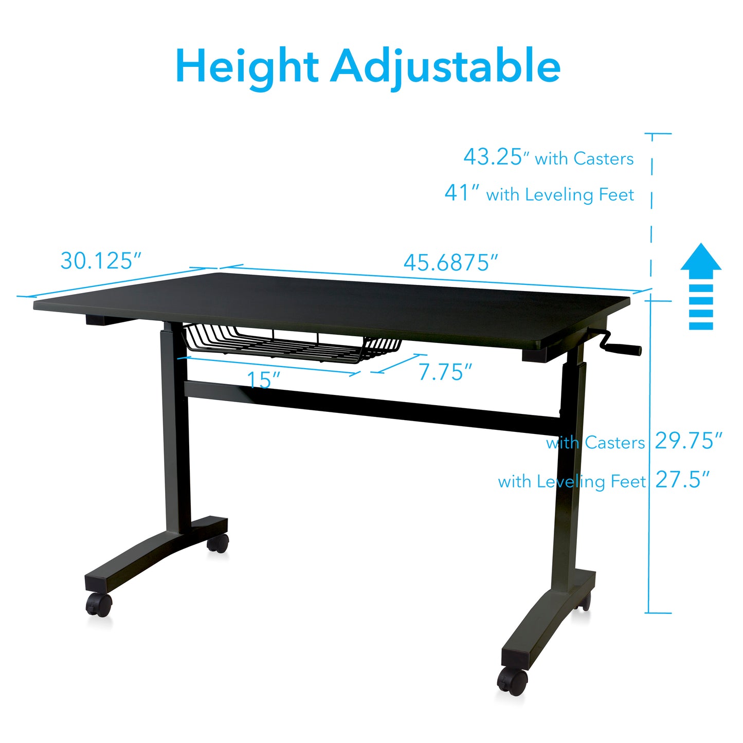 Atlantic Height-Adjustable Stand-Up Desk with Casters - Black (Side Crank Included)