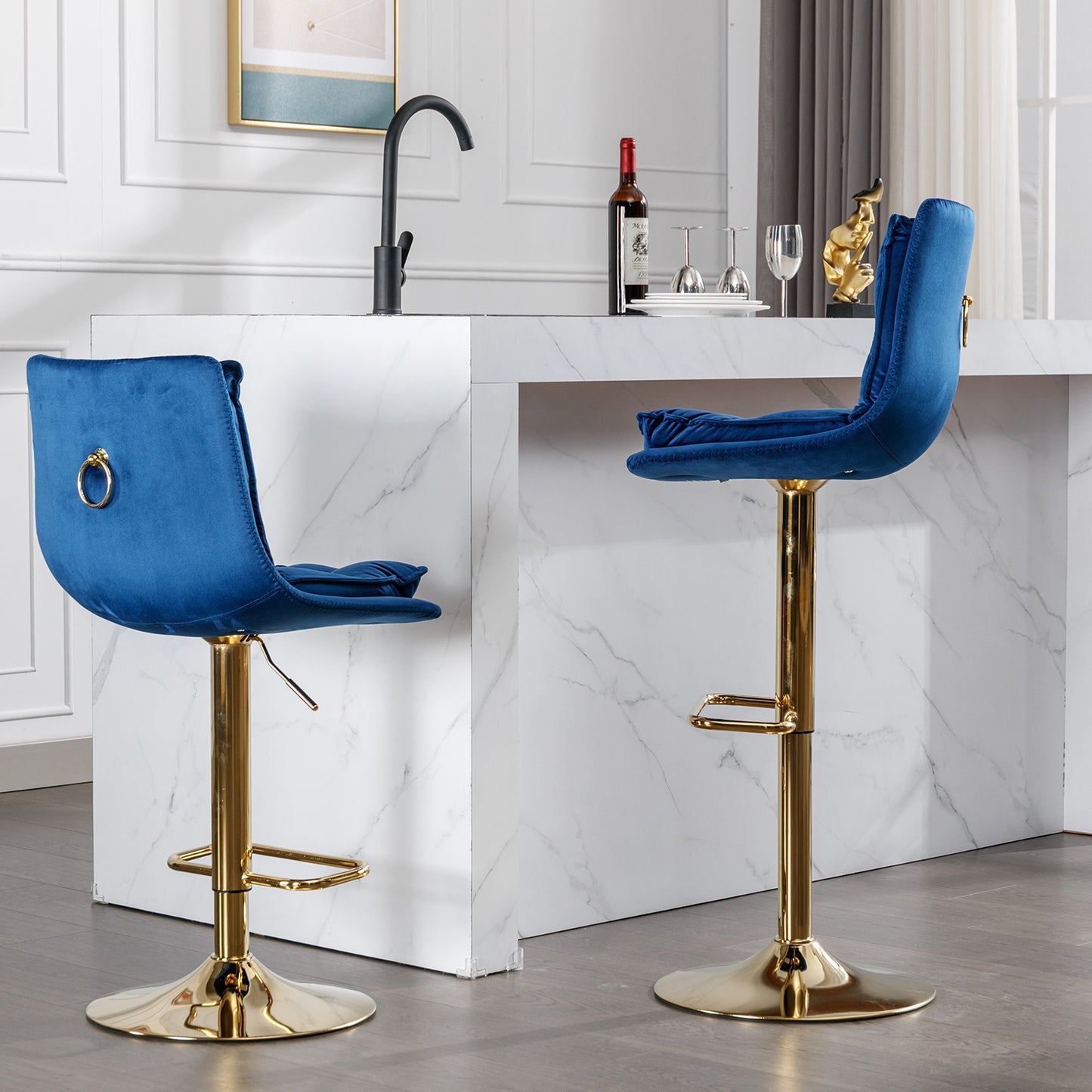 Set of 2 Bar Stools,with Chrome Footrest and Base Swivel Height Adjustable Mechanical Lifting Velvet + Golden Leg Simple Bar Stoo,blue