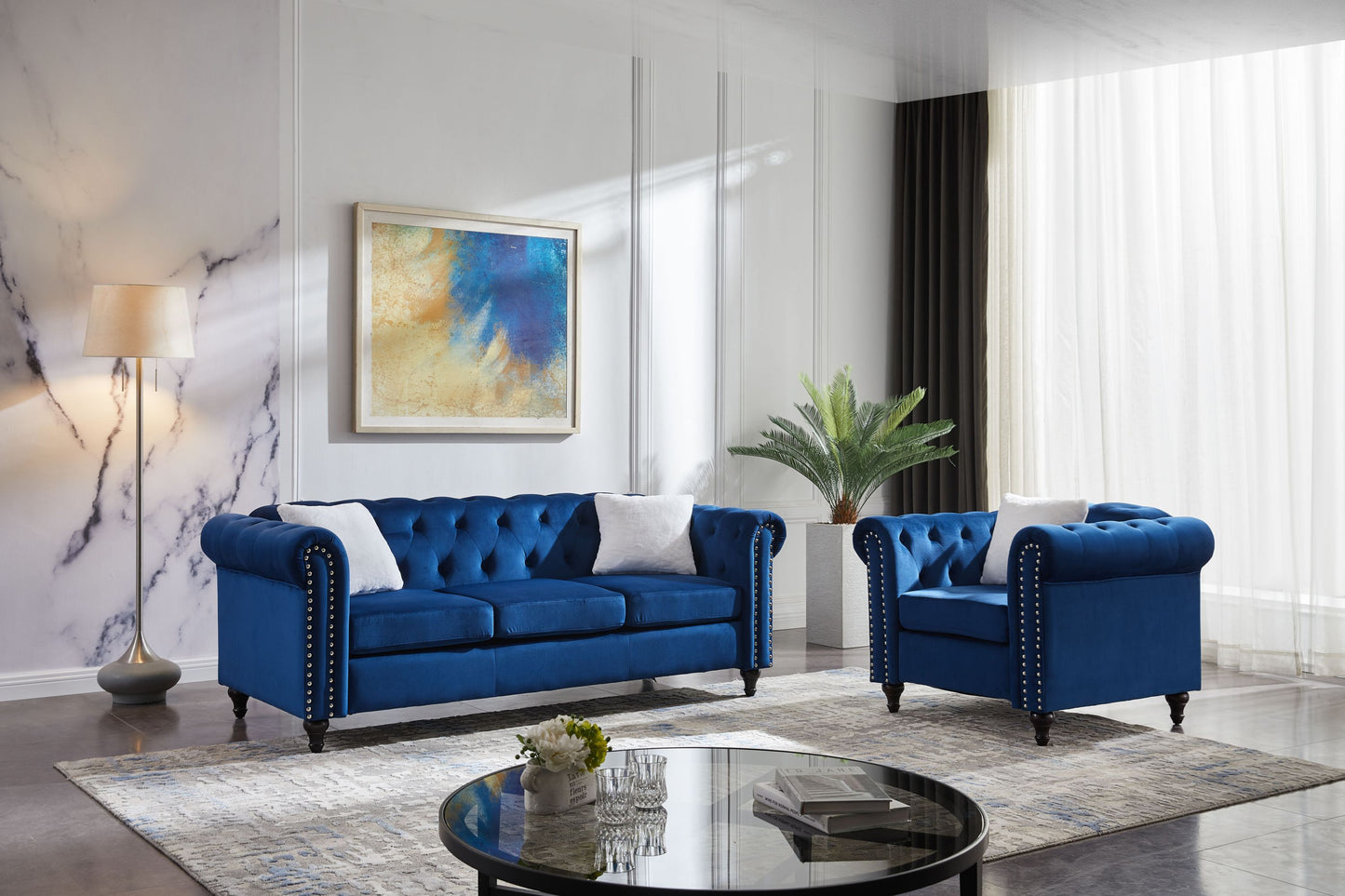 Elegant 2-Piece Blue Velvet Living Room Sofa Set with Button Detailing and Villose Pillows