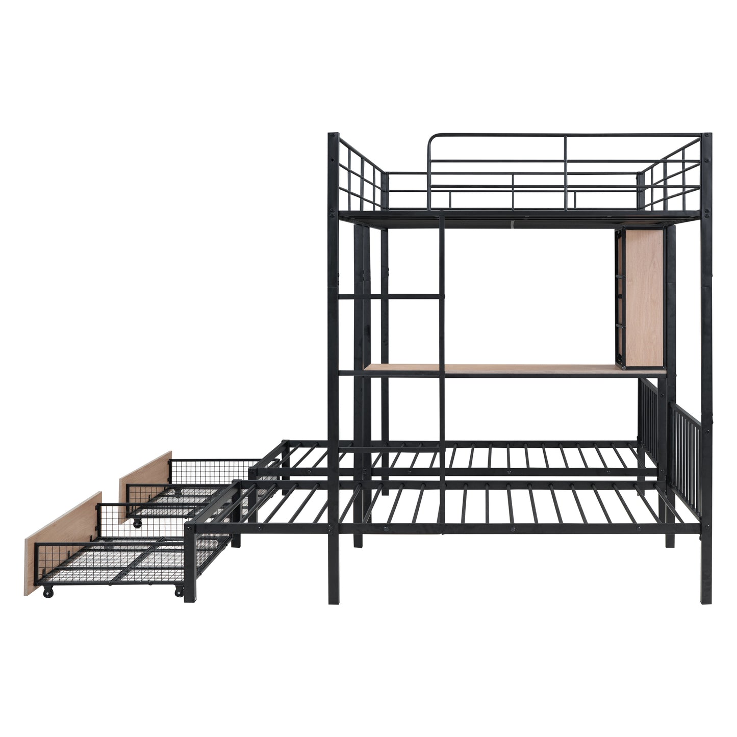 Full Over Twin & Twin Bunk Bed with Desks, Shelves, and Drawers in Black Metal Frame