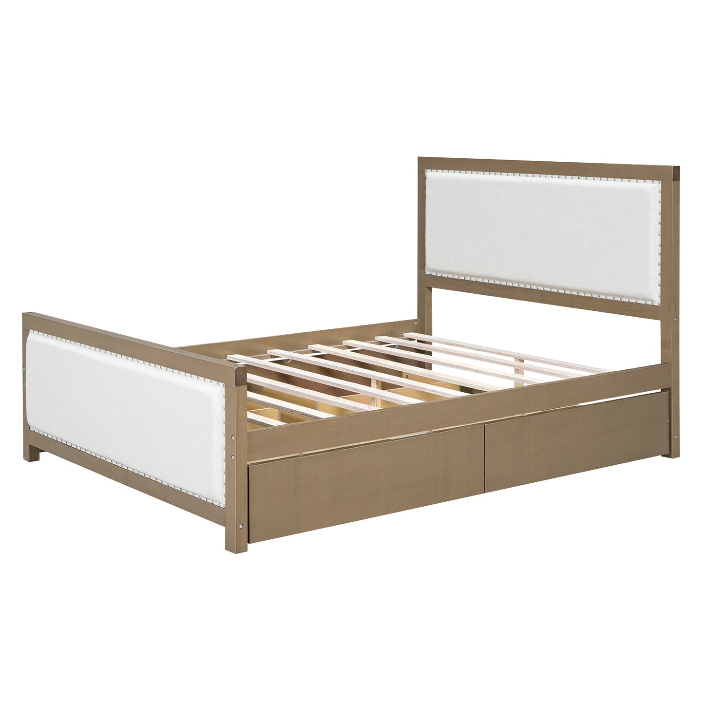 Queen Size Upholstered Platform Bed with Wood Frame and 4 Drawers, Natural Wooden+Beige Fabric