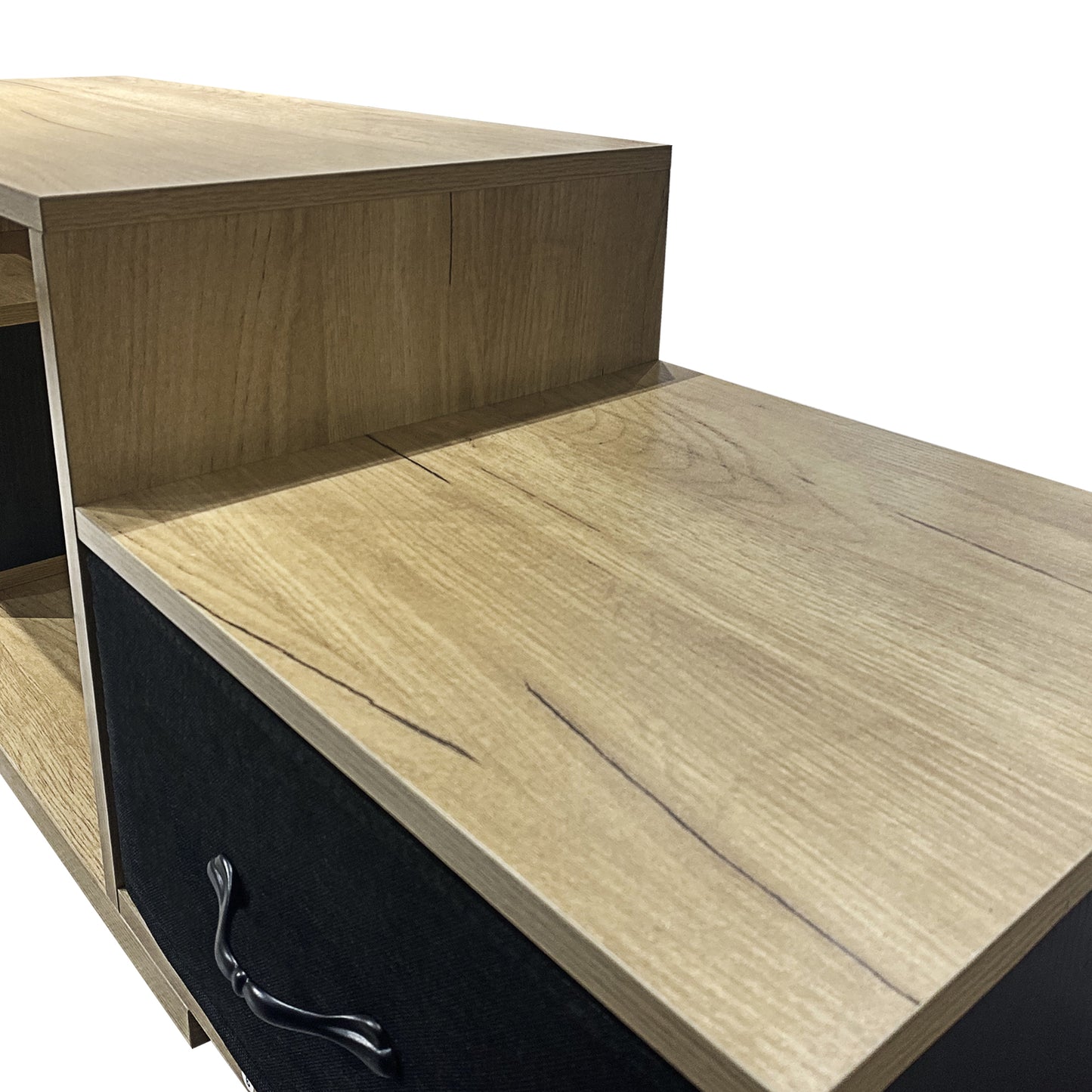 Elegant Light Brown and Black TV Stand with Foldable Fabric Drawer