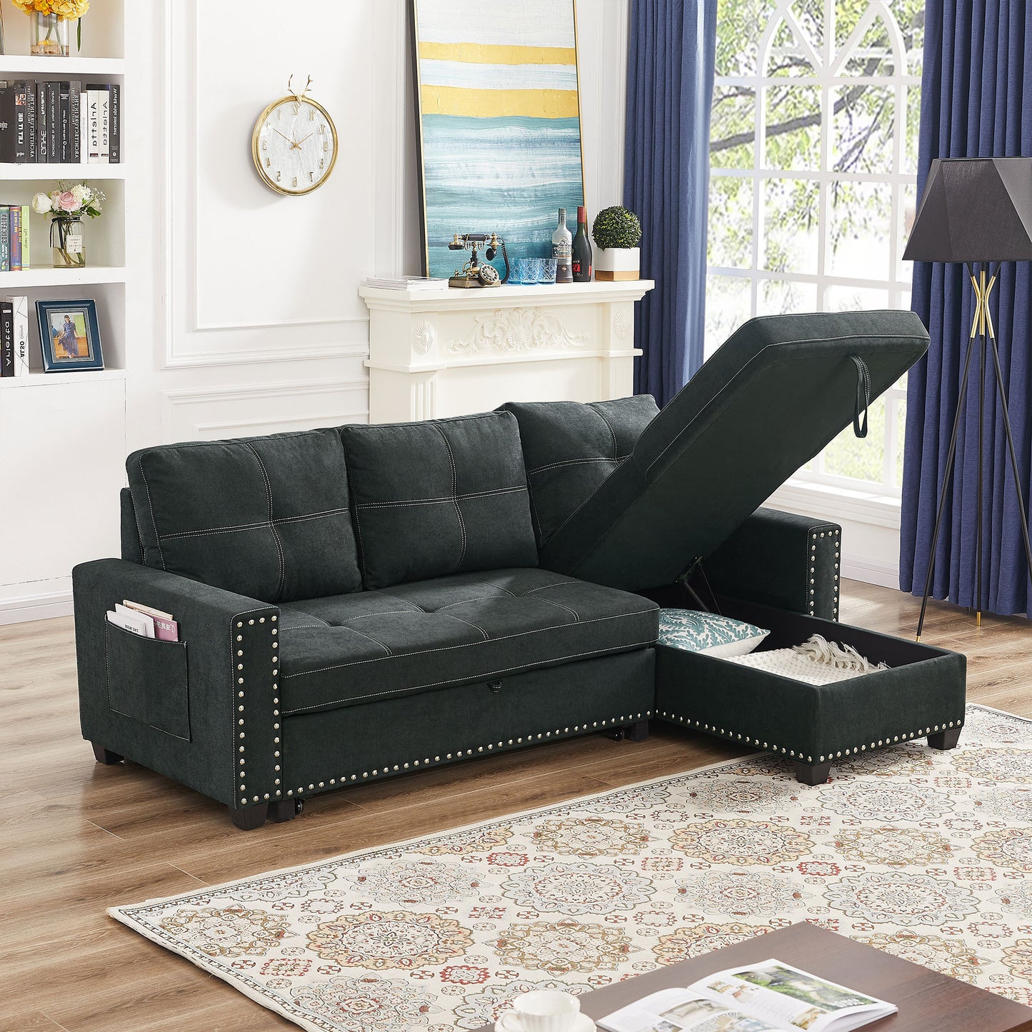 Sleeper Sofa Sectional with Reversible Storage Chaise and Side Storage Bag, Black Fabric, Modern Design