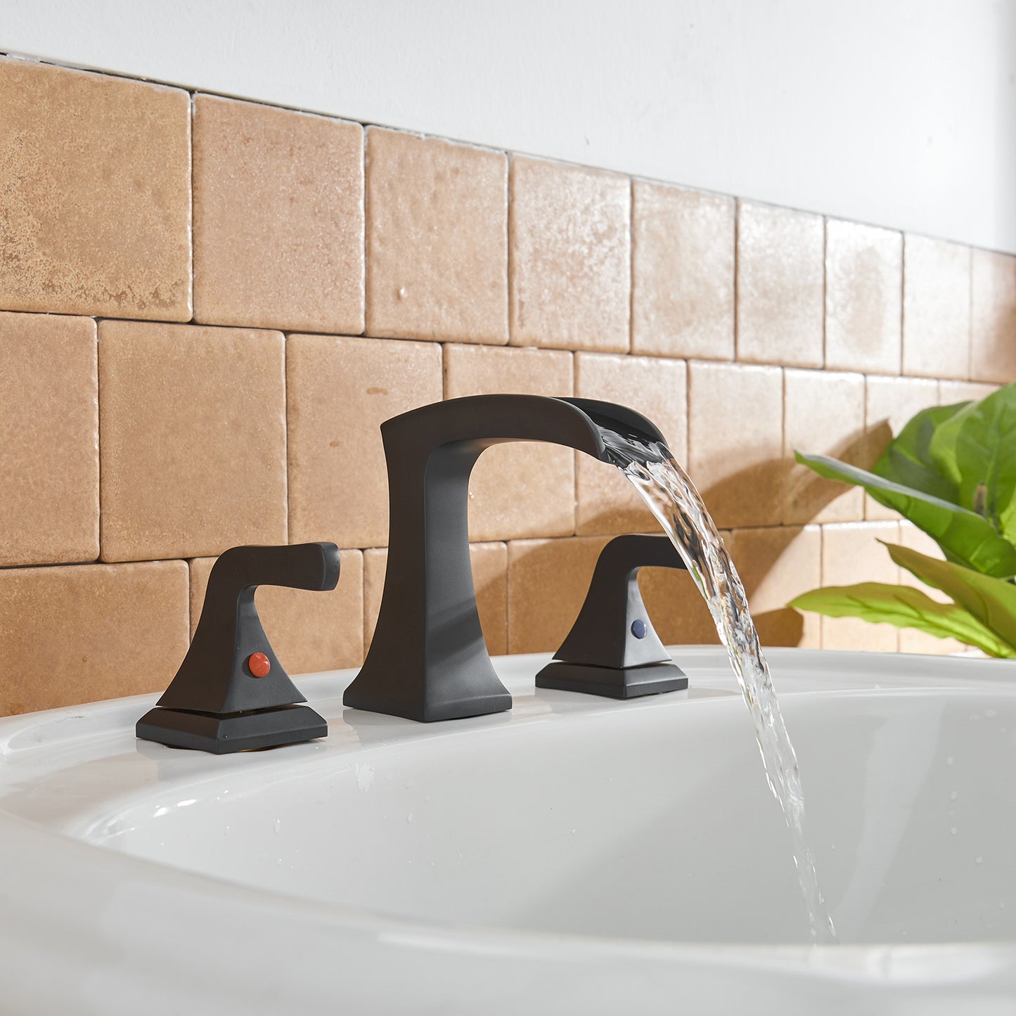 Matte Black Waterfall Bathroom Sink Faucet with 2 Handles and 8 in. Width