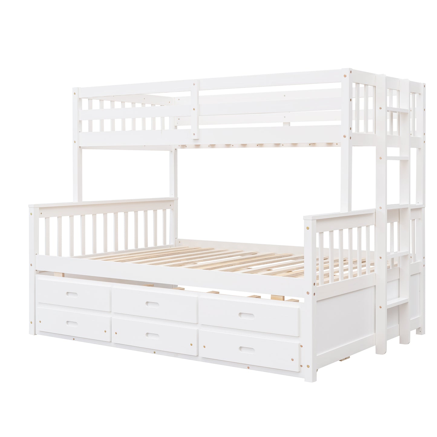 Playful Twin-Over-Full Bunk Bed with Trundle and Drawers - White