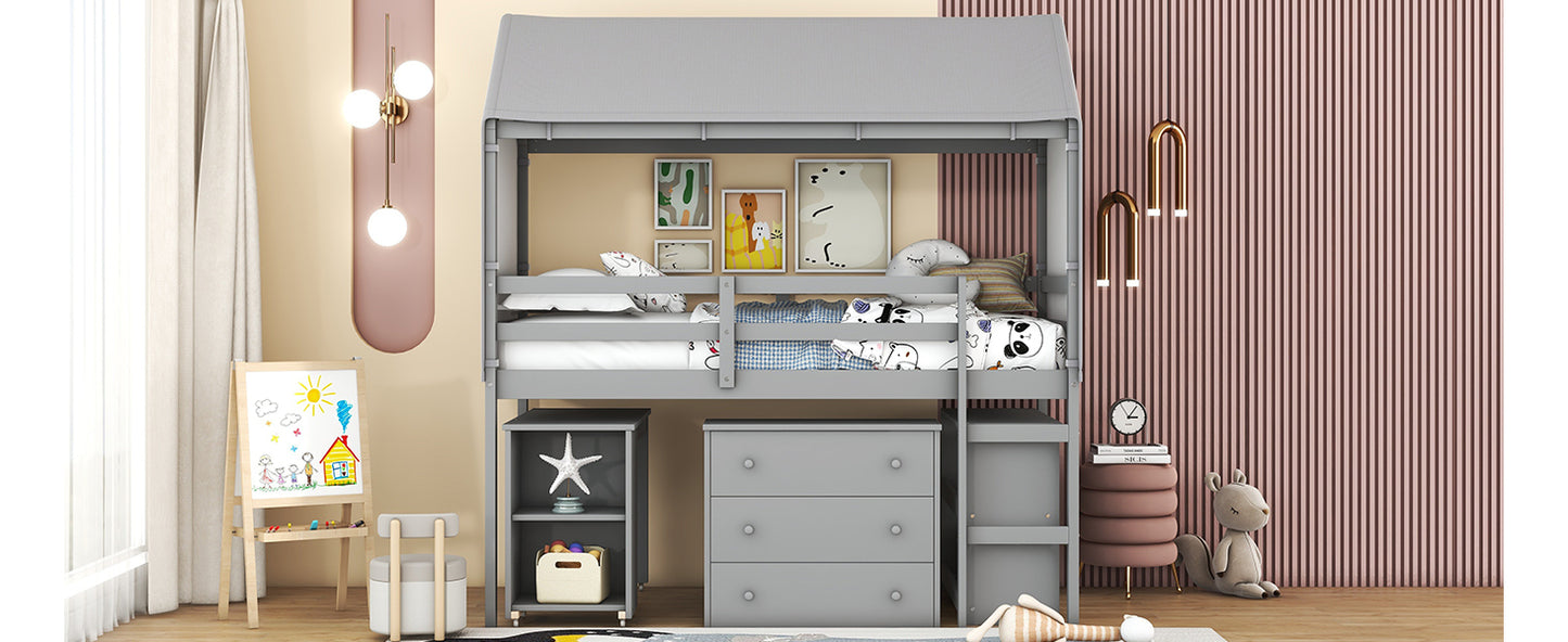 Twin Size Loft Bed with Rolling Cabinet, Shelf and Tent - Gray