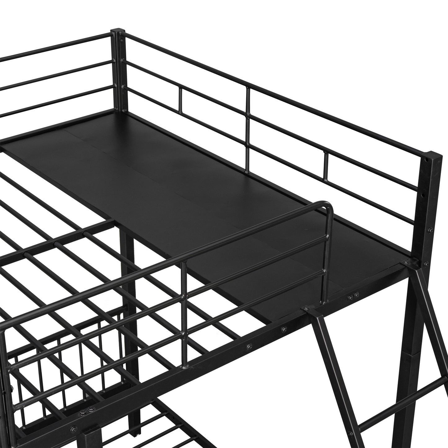 Black Metal Triple Bunk Bed with Storage and Safety Features - Space-Saving Full over Twin & Twin Bunk Bed