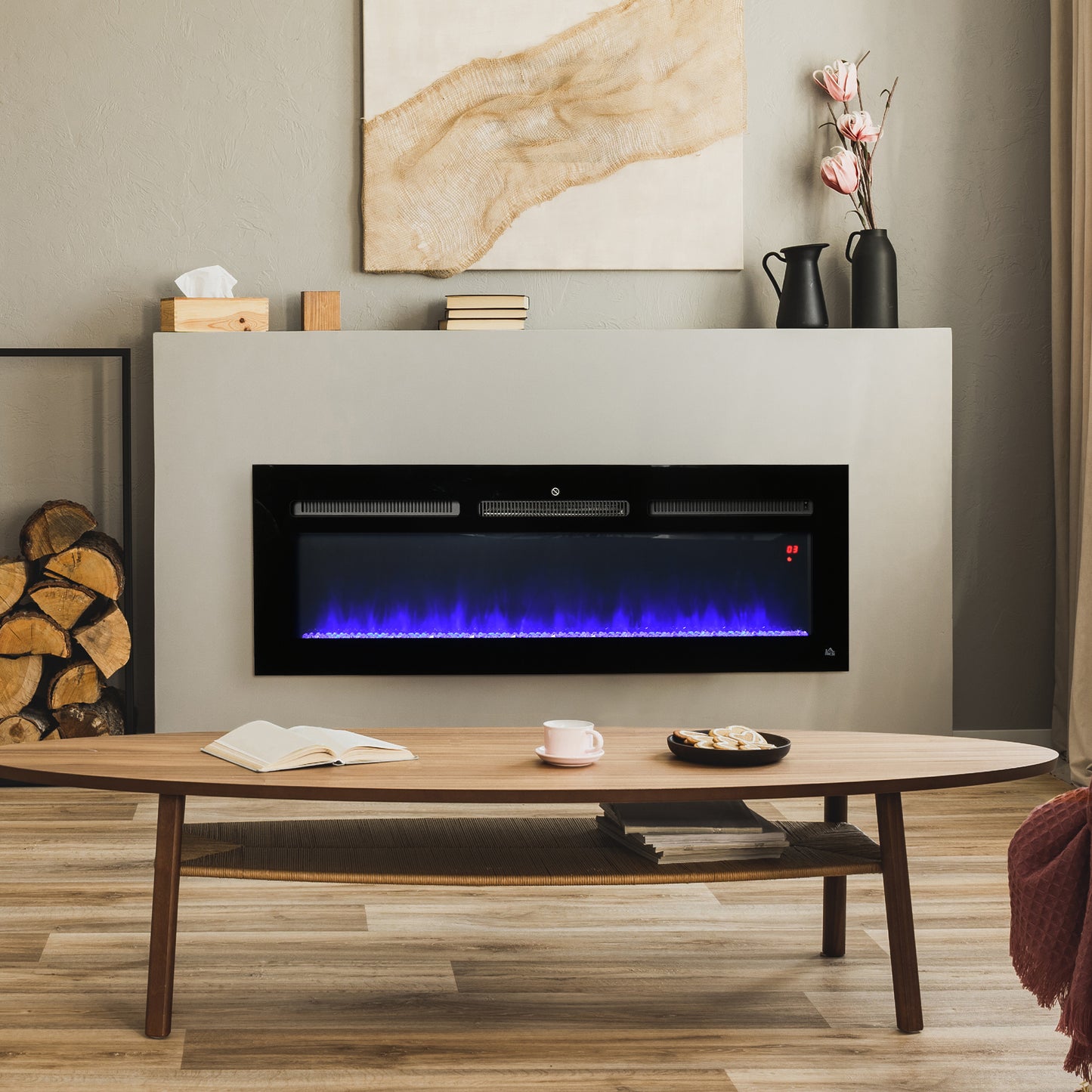 50 Wall Mounted Electric Fireplace with Adjustable Flame Color and Brightness