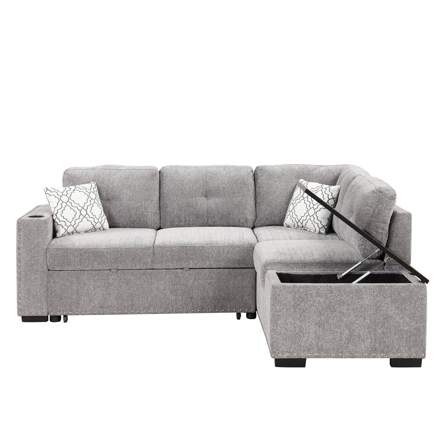 Convertible L-Shaped Sectional Sleeper Sofa with Storage Chaise and Charging Ports in Light Gray