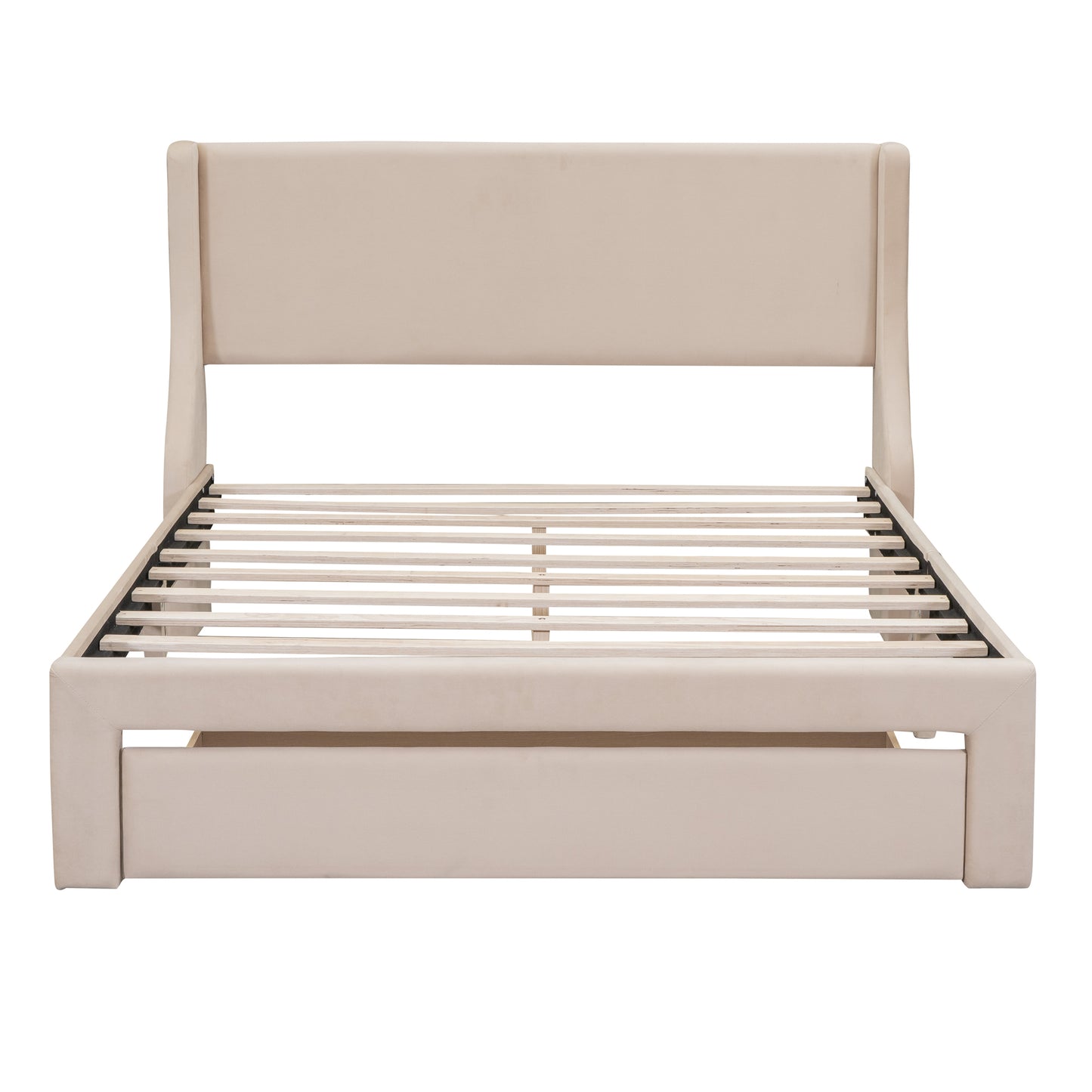 Queen Size Storage Bed Velvet Upholstered Platform Bed with a Big Drawer - Beige