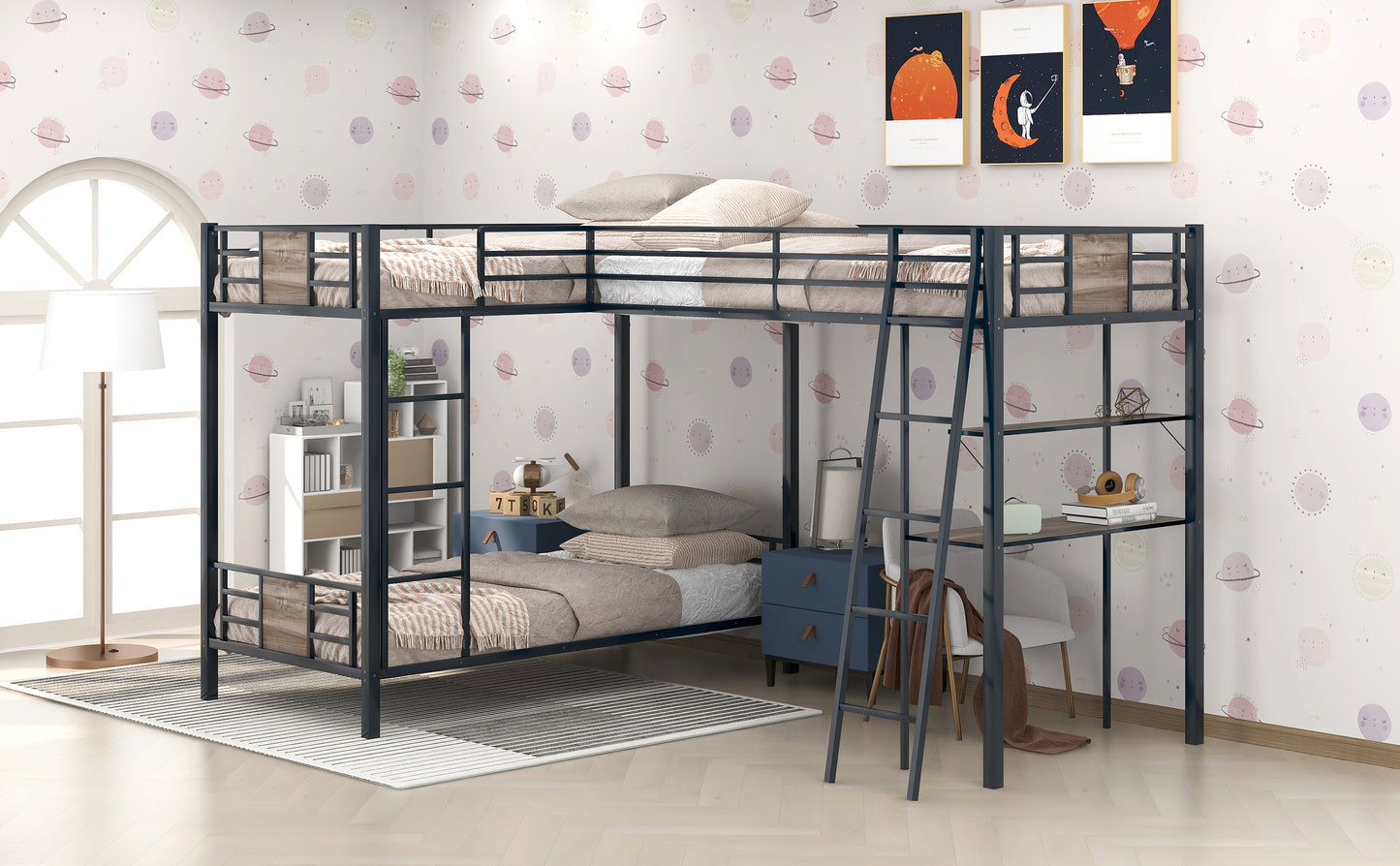 L-Shaped Bunk Bed and Loft Bed Set with Desk and Shelves in Brown