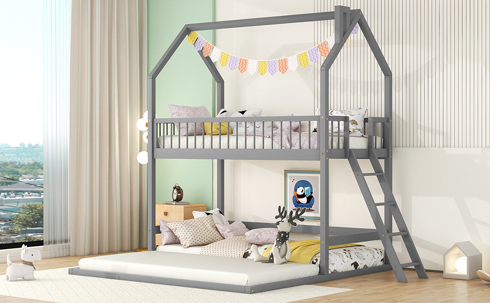 House-Shaped Twin Bunk Bed with Trundle, Ladder, and Artistic Design