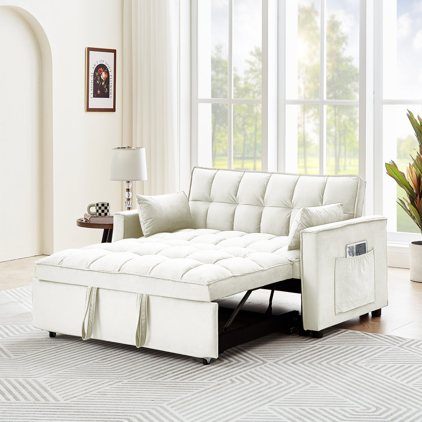 Sleeper Sofa Couch w/Pull Out Bed, 55" Modern Velvet Convertible Sleeper Sofa Bed, Small Love seat Sofa Bed w/Pillows & Side Pockets for Small Space, Living Room, Apartment, Cream White