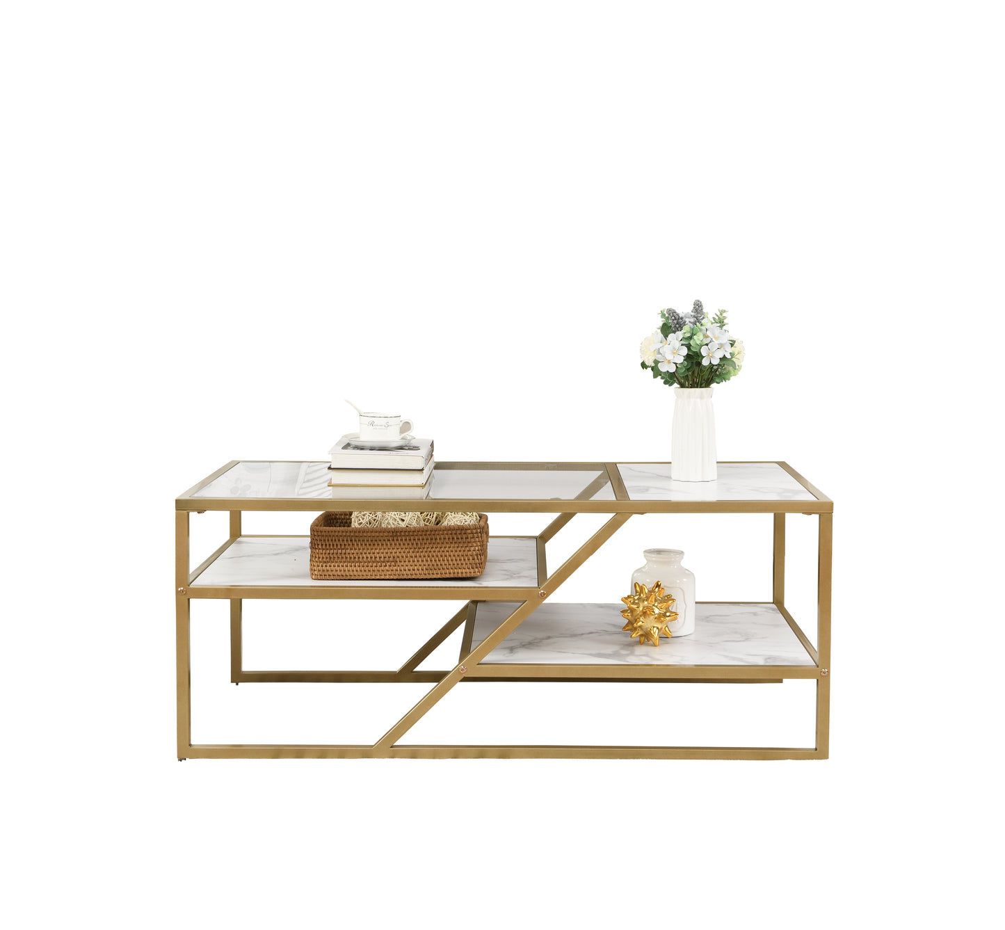 Golden Glass and Metal Coffee Table with Storage Shelf for Living Room or Bedroom